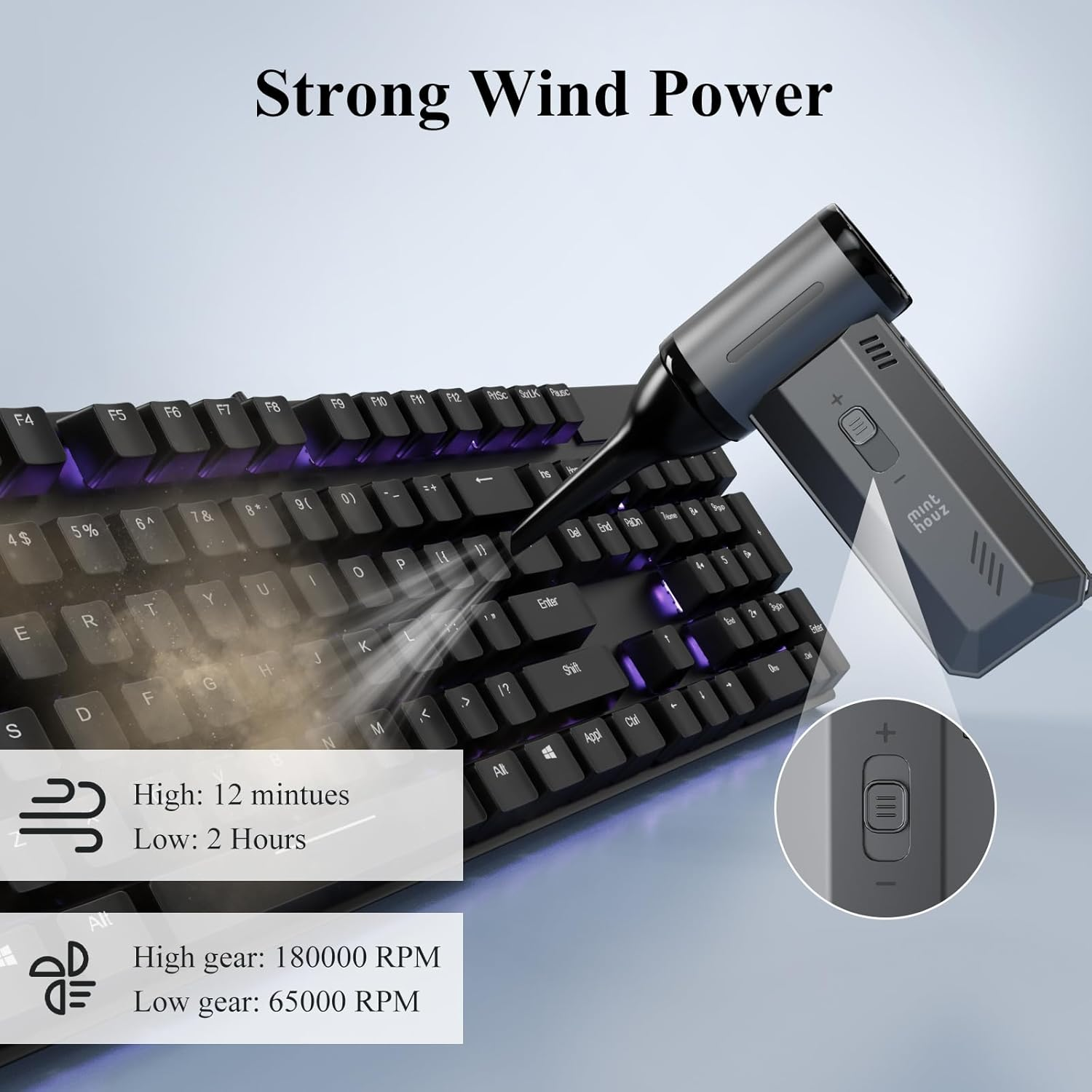 Minthouz 180000RPM Super Power Handheld Air Duster, Slider Adjustable Electric Air Blower, Type-C Rechargeable, Portable &Lightweight, Dust Blower for Home, Outdoor, Car and Keyboard image number 2