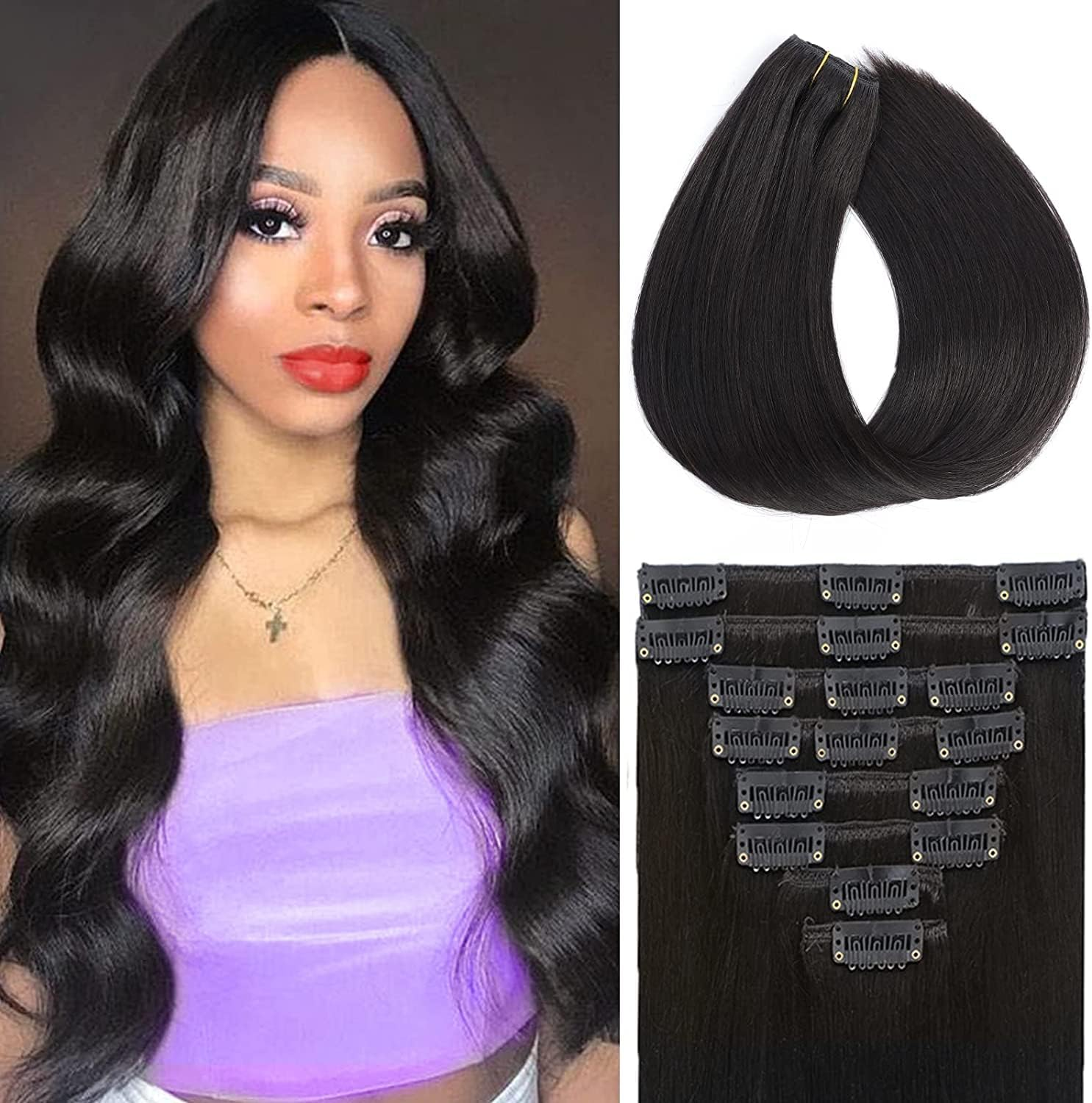 Clip-In Hair Extensions, Real Hair, Balayage, Honey Blonde to Blonde, Clip in Hair Extensions, 100G, 100% Remy Human Hair for Women, Straight, 8 Pieces with 18 Clips, Double Weft, 20 Inch