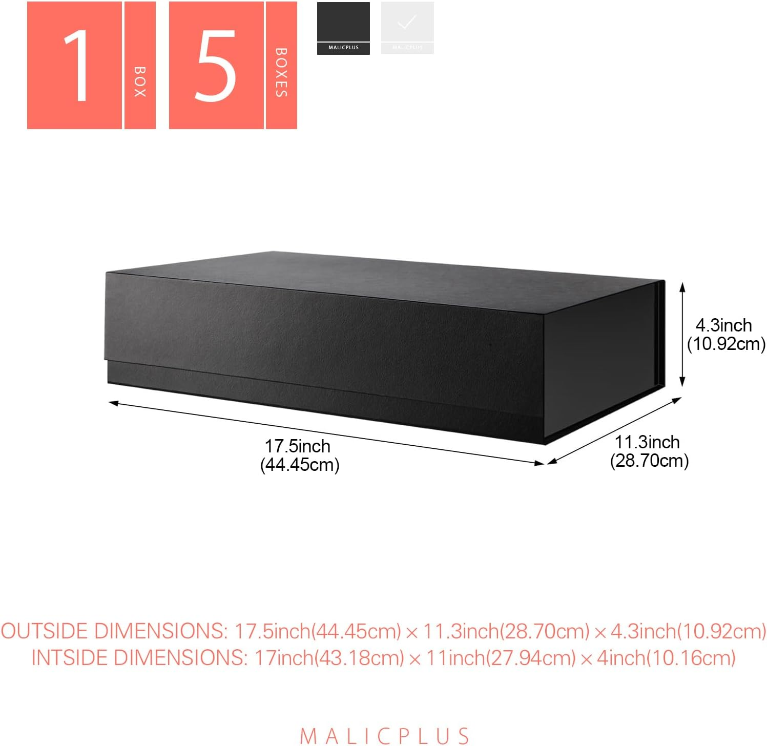 MALICPLUS Extra Large Gift Box 43.18 X 27.94 X 10.16 CM, Extra Large Gift Box with Lid, Shirt Box for Clothes and Large Gifts (Glossy Black, Grass Texture) image number 1