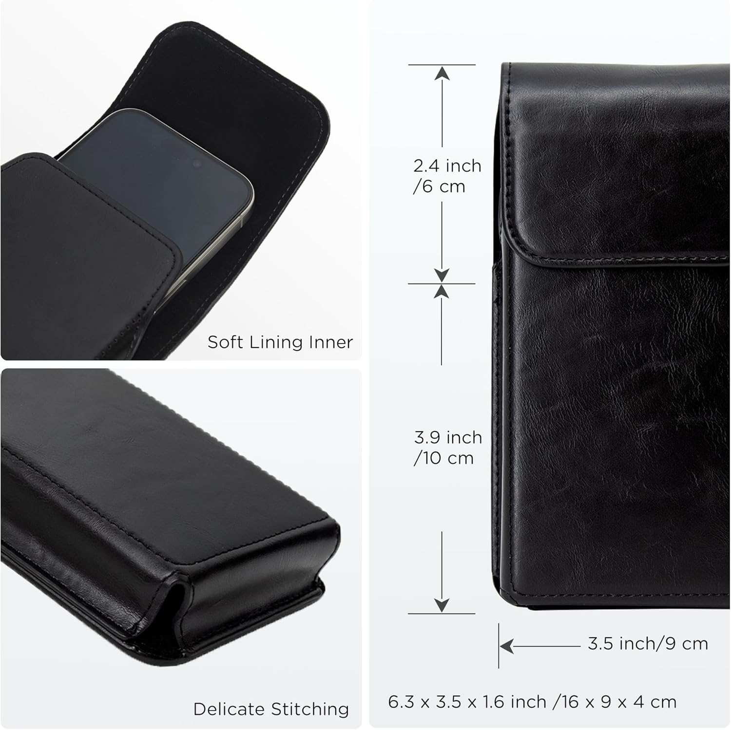 INGIDO Holster for Iphone 15, 14, 13, 12, 11, XR, Galaxy S24, S23, S22 - Premium Leather Pouch with Belt Clip Phone Case, Black - Medium image number 6