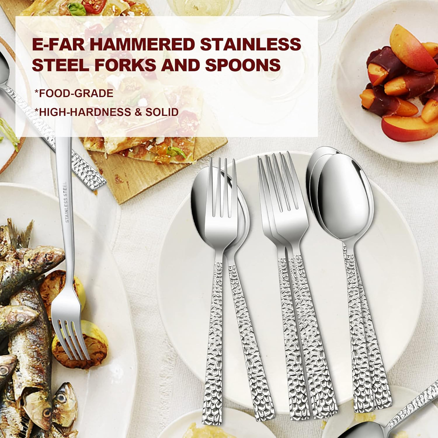 16-Piece Hammered Forks and Spoons Silverware Set, E-Far Stainless Steel Square 8 Dinner Forks and 8 Dinner Spoons, Modern Metal Flatware Cutlery for Kitchen and Restaurant, Dishwasher Safe-7.9 Inch image number 1
