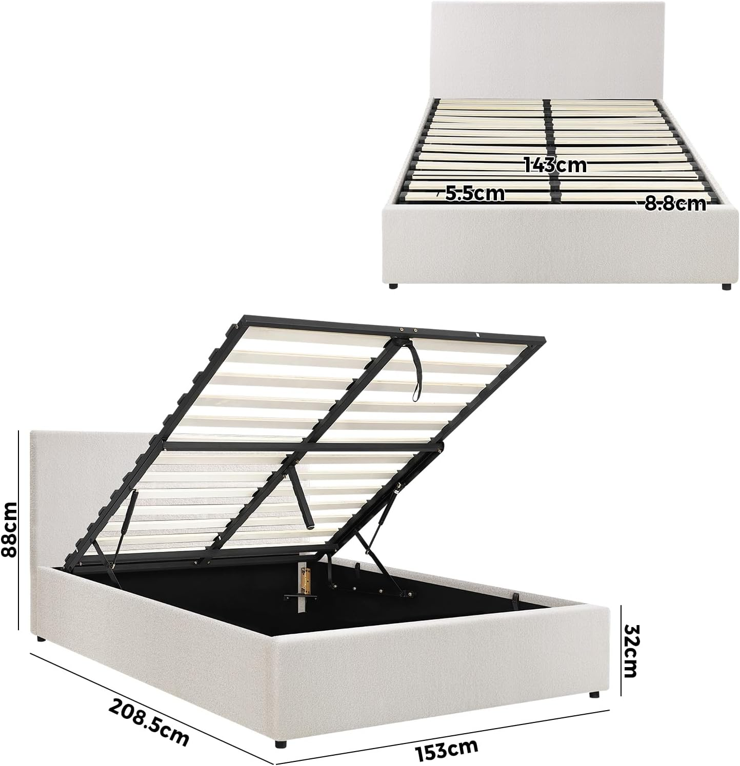 Oikiture Bed Frame Queen Size Gas Lift Storage Base Boucle Fabric Material White image number 6