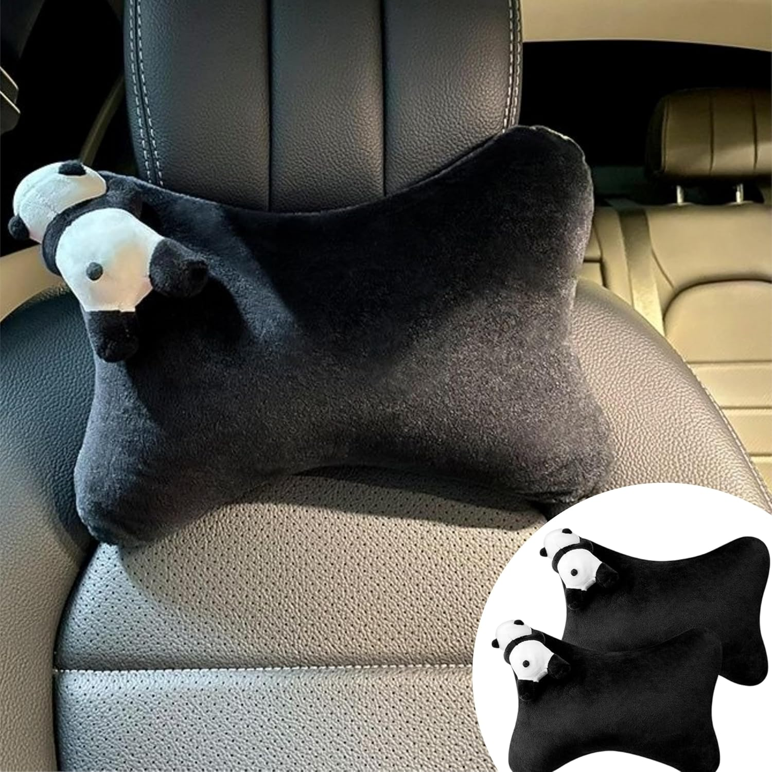 Car Seat Pillow & Seat Belt Covers 2PCS Cute Panda Car Headrest Pillow Cartoon Comfortable Neck Support Cushions Soft Plush Auto Belt Decor Wraps (2Pcs Car Pillow + Seat Belt Covers)