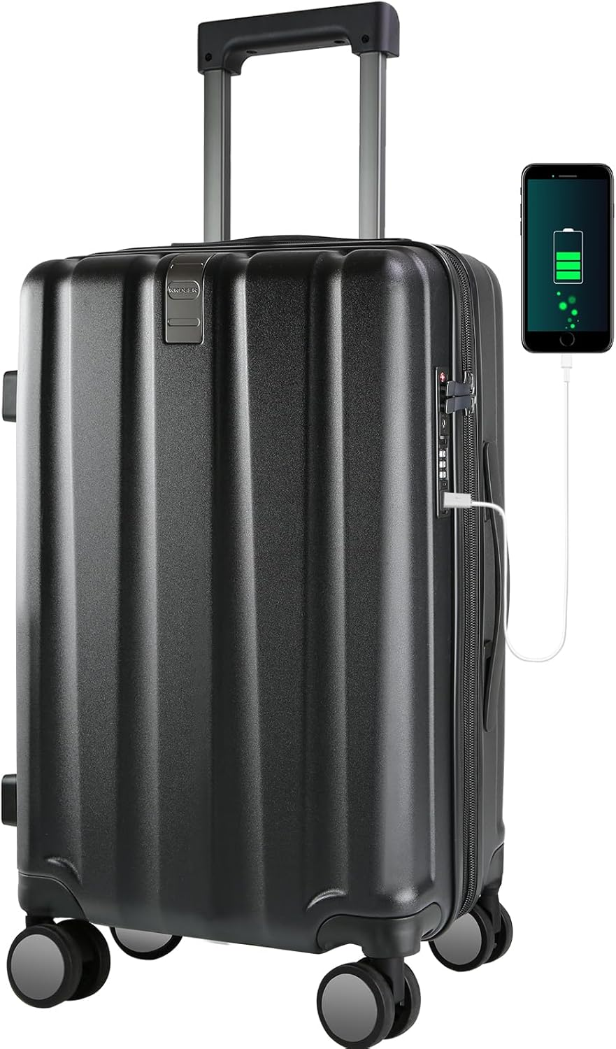 KROSER Carry on Luggage with Spinner Wheels & Built-In TSA Lock, Durable Suitcase Rolling Luggage, Black, Medium