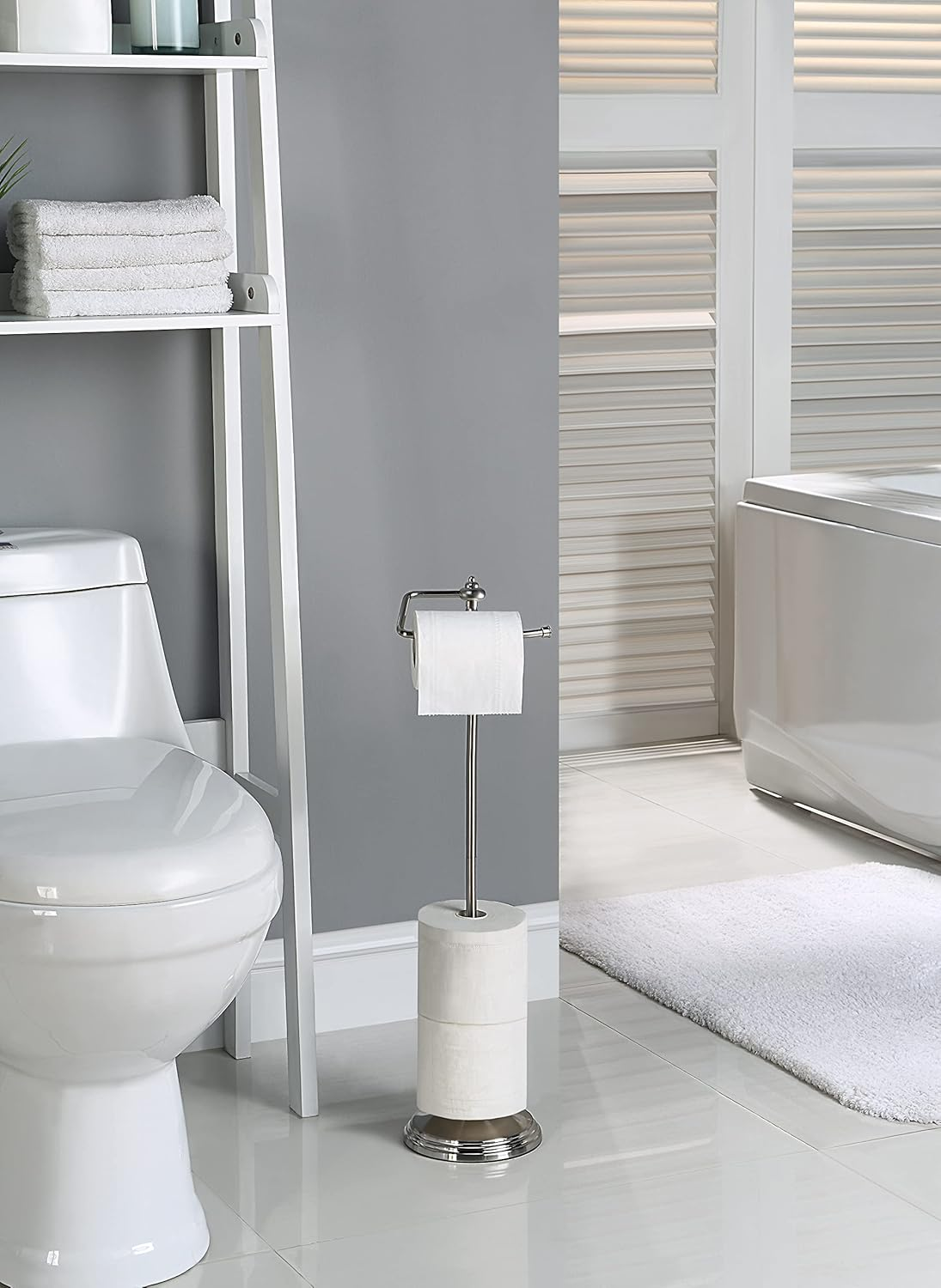Sunnypoint Bathroom Free Standing Toilet Tissue Paper Roll Holder Stand with Reserve Function, Satin Nickel - Chrome image number 6