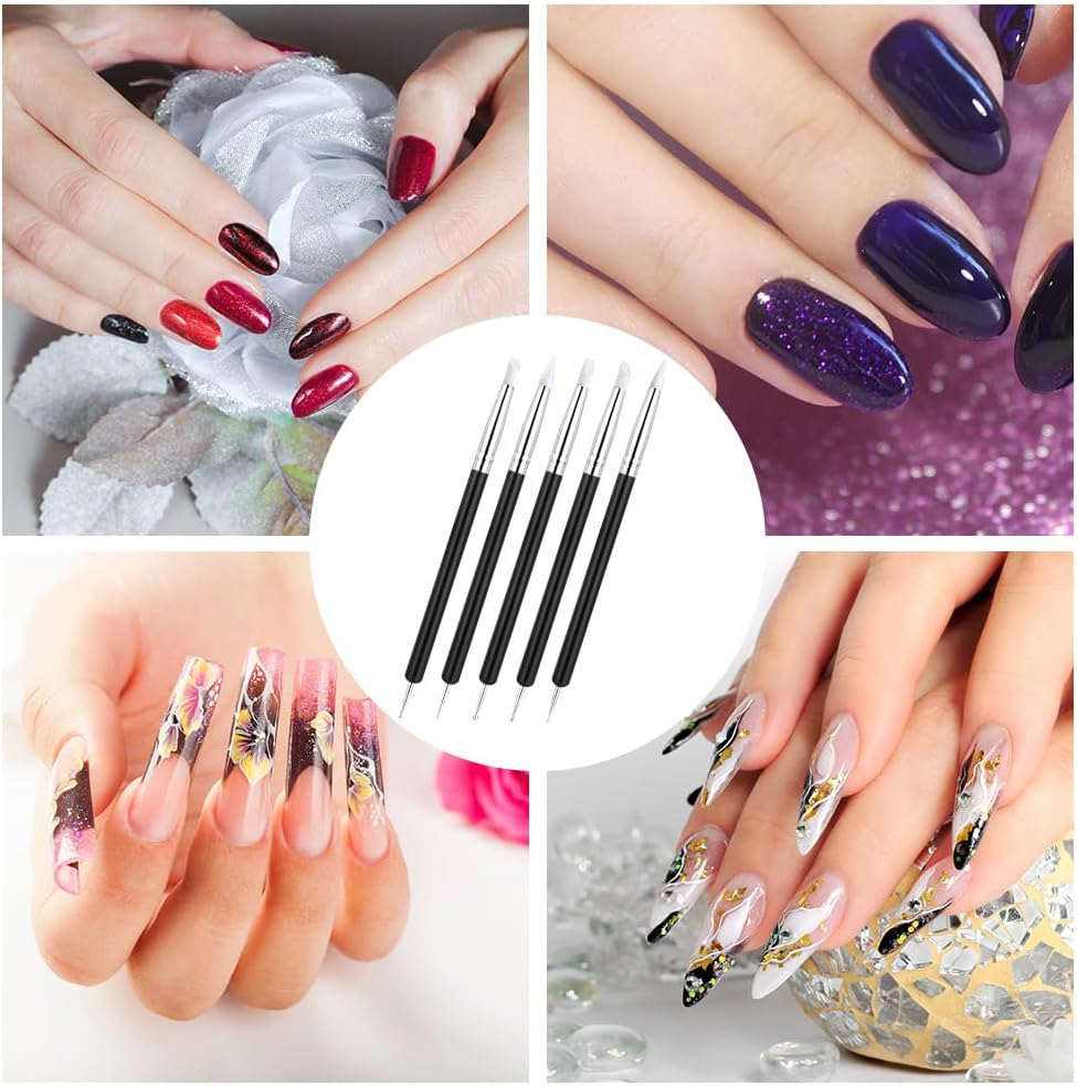 BUTBU 5PCS Nail Art Sculpture Pen, Dual Tipped Silicone Nail Tools, Doubel Ended Dotting Pen Tool, Rhinestone Nails Polish Carving Pen, Silicone Nail Tool for DIY Decoration, Salon (Black) image number 4