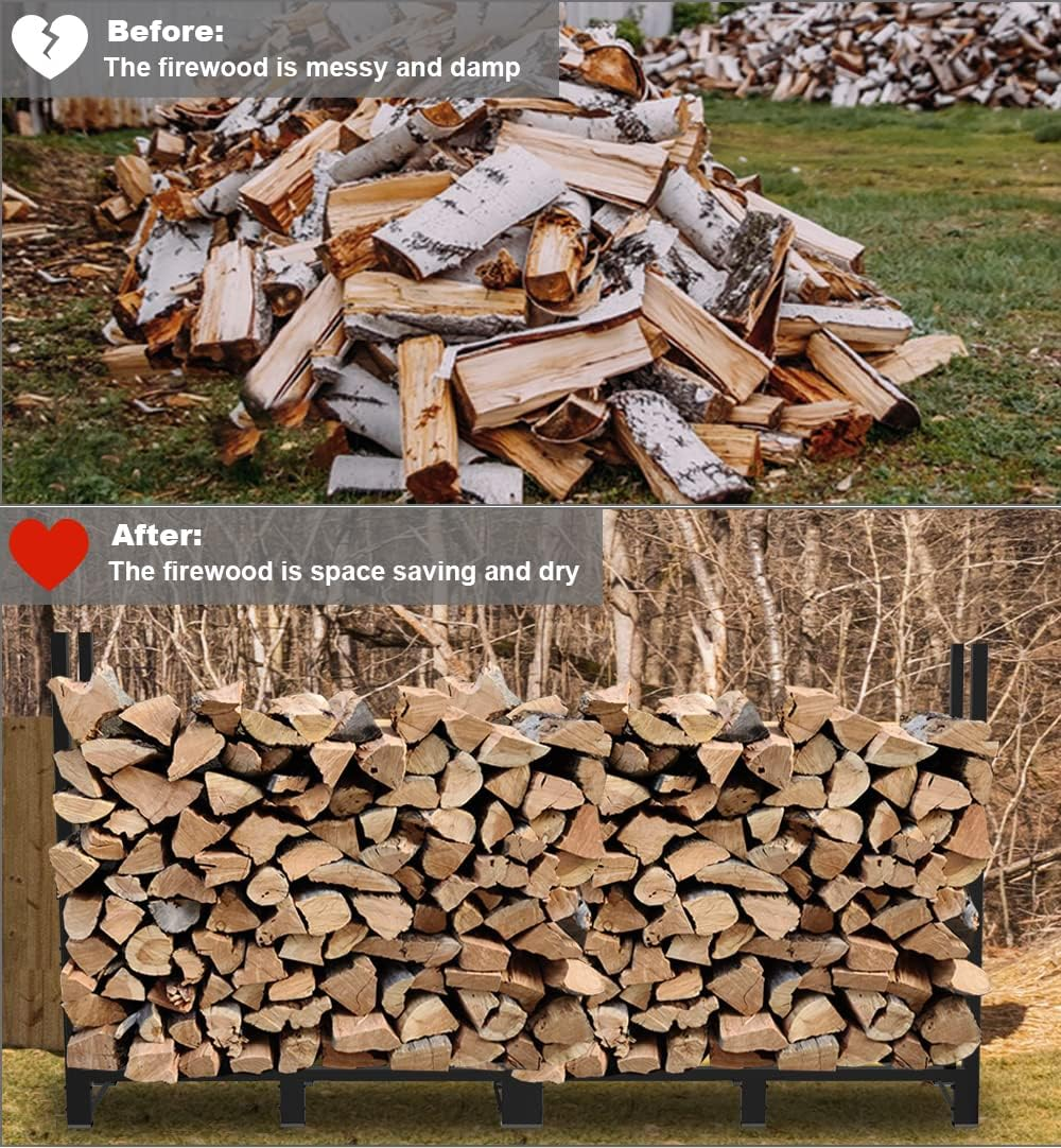 8Ft Firewood Rack Outdoor Adjustable Heavy Duty Wood Rack Fire Wood Holder for Indoor Storage Fireplace Metal Lumber Organizer Stand Stacker, Black image number 6