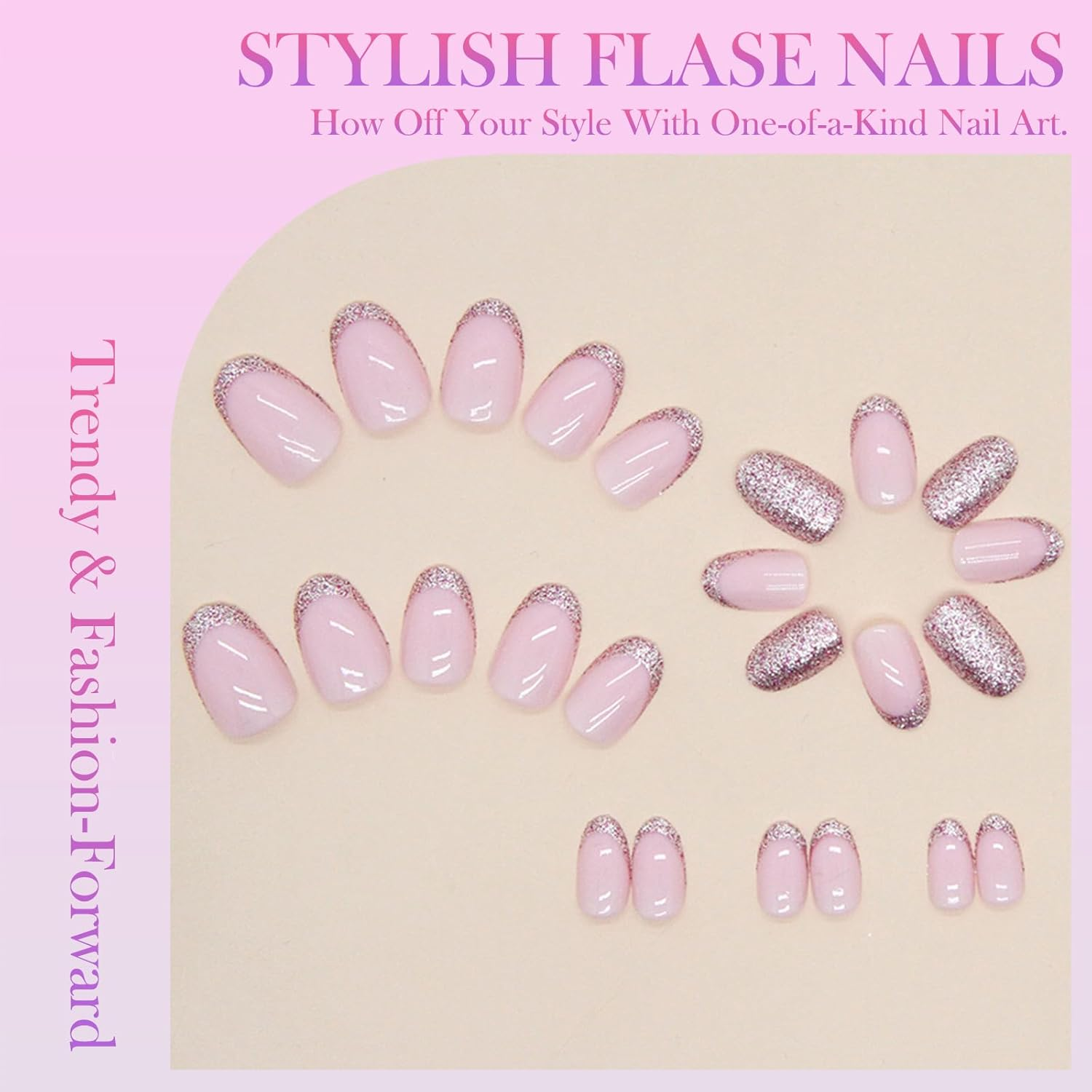 24 Pcs Short Glitter-Pink Press-On Nails, Glossy French Tip False Nails &ndash; 12 Sizes Custom Fit, Durable Abs/Acrylic, Adhesive Tabs Included, DIY Manicure Set for Women & Girls - Frosted Glass image number 3