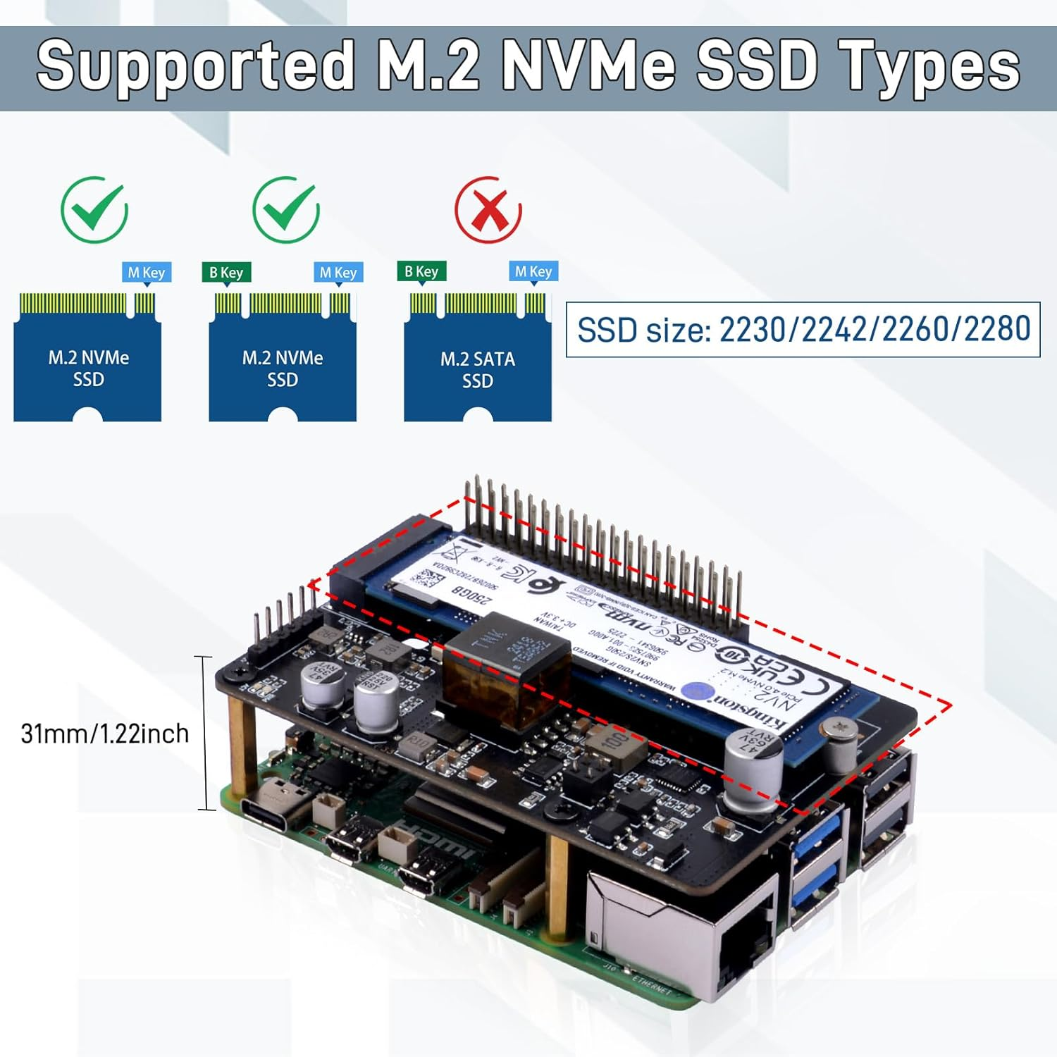 Geeekpi P33 M.2 NVME M-Key Poe+ Hat with Official Pi 5 Active Cooler and Aluminum Case for Raspberry Pi 5, Support M.2 Nvme Ssds 2230/2242/2260/2280 image number 4