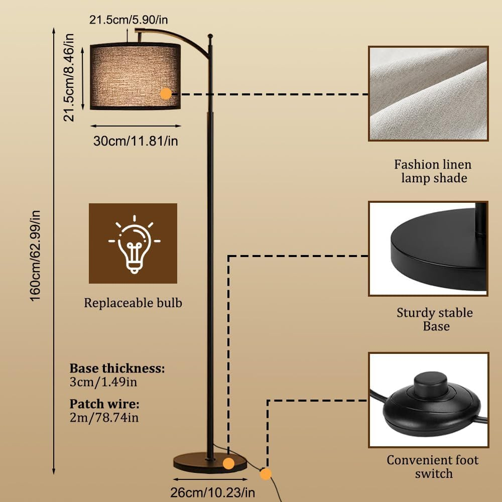 61'' Floor Lamp for Living Room, Necomi Curved Floor Lamp, 3 Colour Temperatures 3000K-5000K, Modern LED Floor Lamp with 9W LED Bulb and Linen Shade (Adjustable), Bedroom Office Dining Room（Black