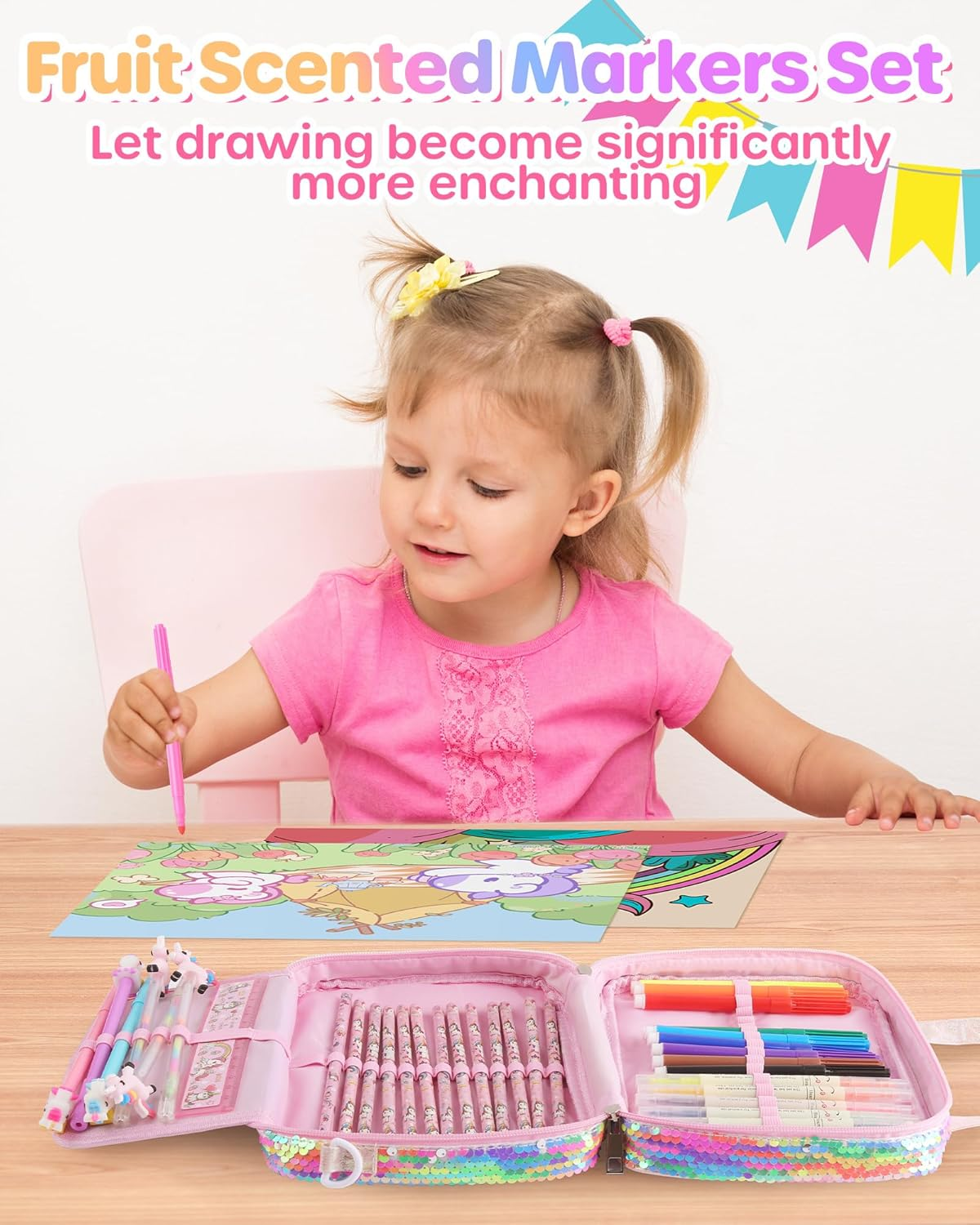 D-Fantix Unicorn Art Supplies Convertible Bag for Girls, 63Pcs Coloring Drawing Set for Kids with Fruit Scented Markers, Portable Travel Activity Kit, Birthday 4 5 6 7 8-12 Year Old Girls image number 4