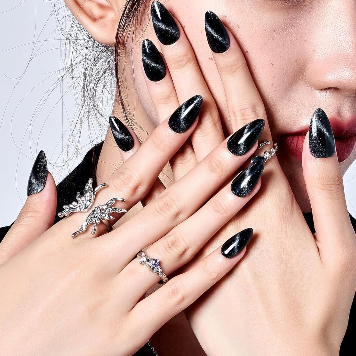 Artisan Elegance Press-On Nails - Premium Handmade Nylon Nails with Gel-Like Shine, Reusable False Nails with Adhesive Tabs, Trendy French Tip & Glitter Designs, 24 Sizes Kit (Black-1Pcs) image number 1