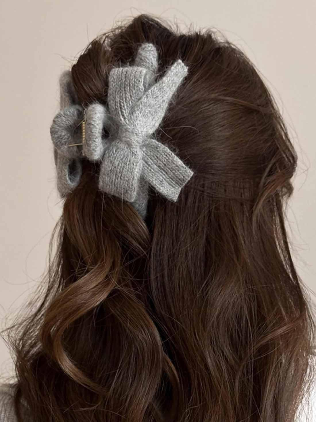 Resweky Hair Barrettes Bowknot Winter Wool Yarn Hair Clips Cute Hair Clips for Women Girls Gray image number 5