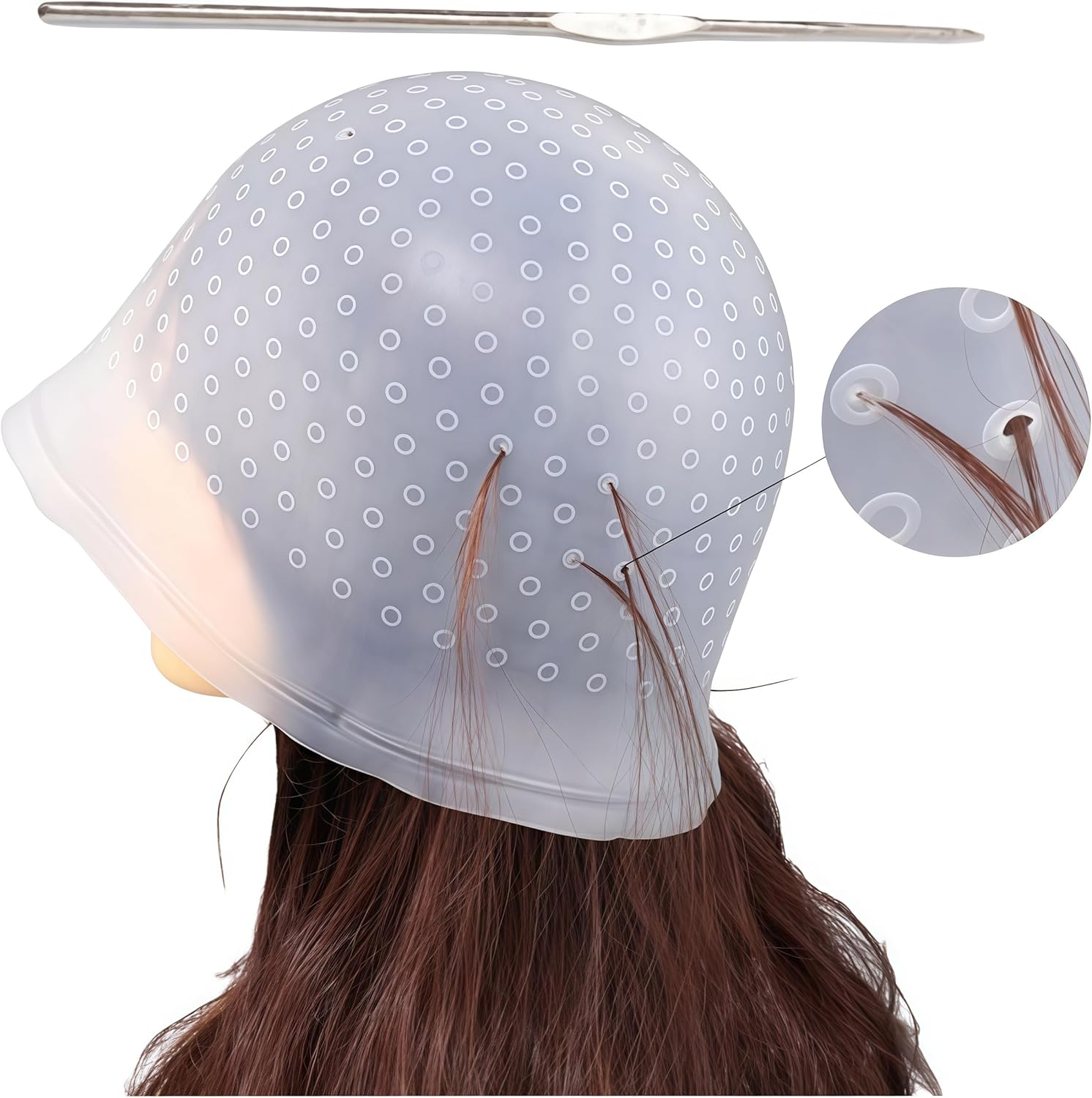 Aknebriax 6Pcs Hair Coloring Kit,Hair Coloring Highlighting Cap,Silicone Pull through Caps Hair Coloring Frosting Cap with Hook, Hair Agitator, Brush, Hair Tinting Bowl. image number 1