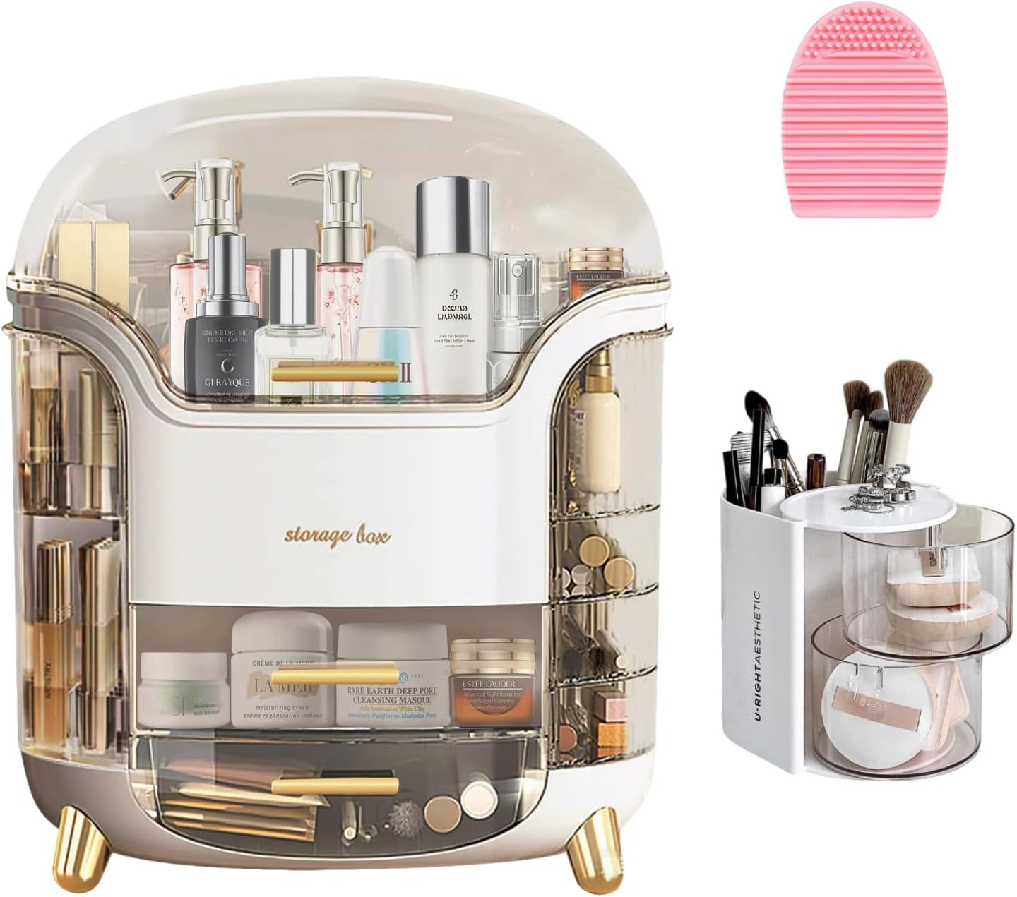 Portable Make up Case Dustproof Cosmetic Storage, Skin Care Products Jewelry Organizer Lipstick Boxcomes with Powder Puff Storage Box and Silicone Washer(White image number 4
