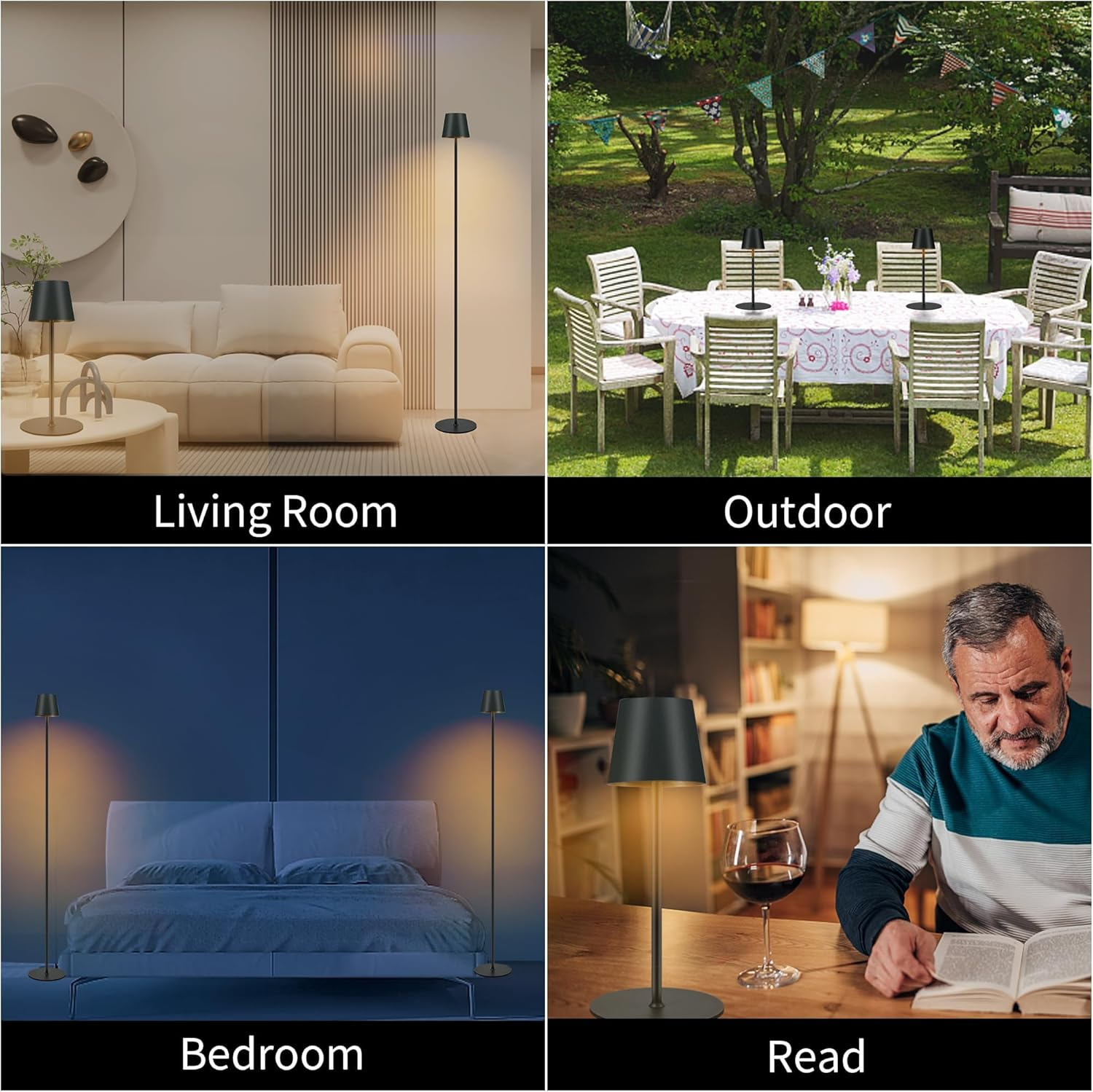 2 Pack Rechargeable Floor Lamps - Brightness Adjustable LED Indoor/Outdoor Cordless with IP54, 6800Mah Battery（Black） image number 2