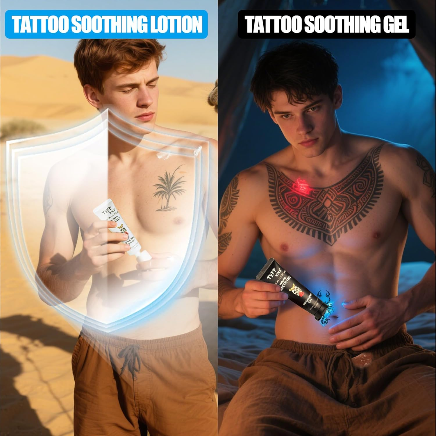 Tattoo Aftercare Kit | 2Pcs Day & Night Tattoo Soothing Lotion & Gel | Healing, Moisturizing & Protecting Fresh or Old Tattoos | Travel-Size Concentrated Natural Vegan Formula | Petroleum-Free