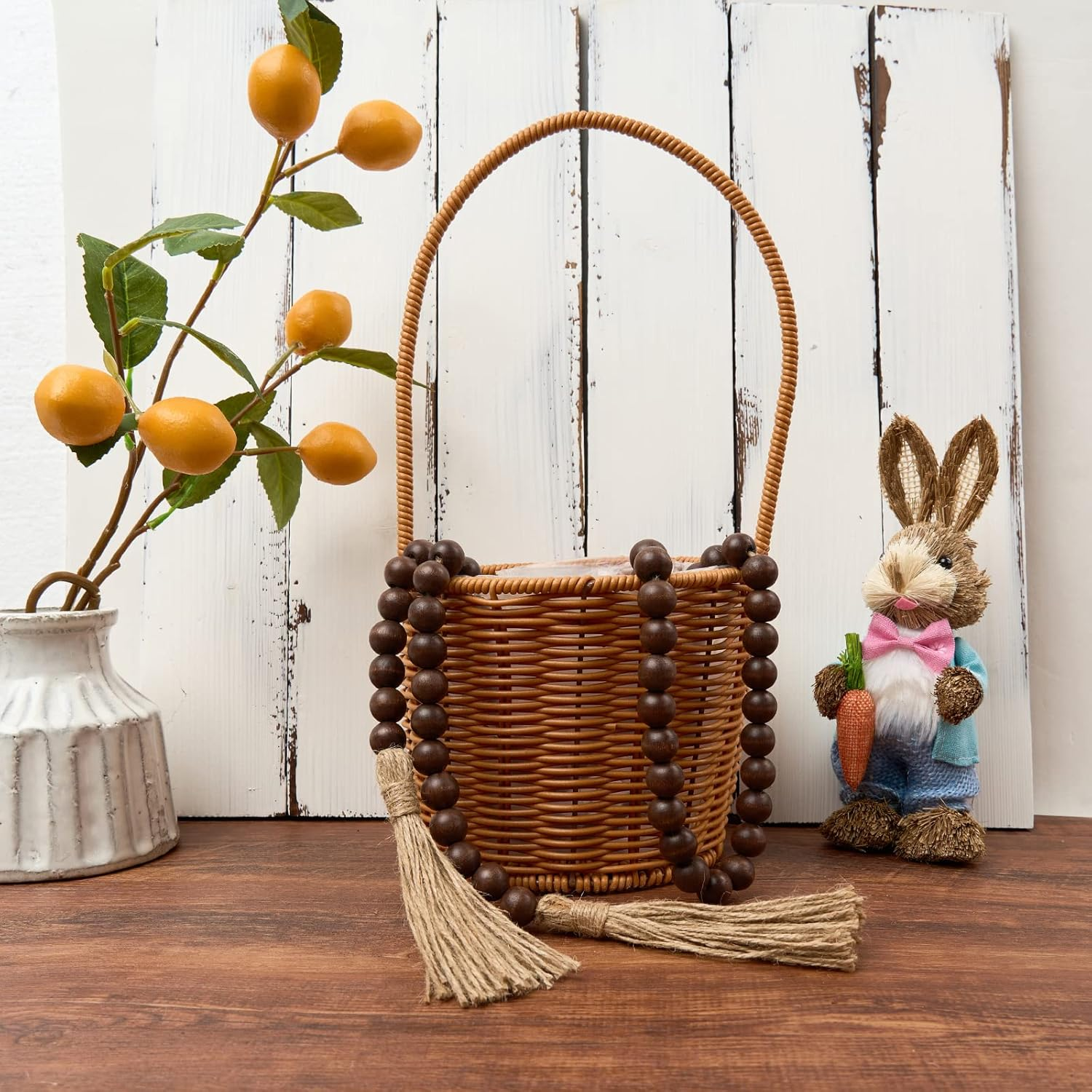 OMISHE 59In Wood Bead Garland with Tassels, Decorative Farmhouse Wall Hanging for Home Festival Decor, Dark Brown