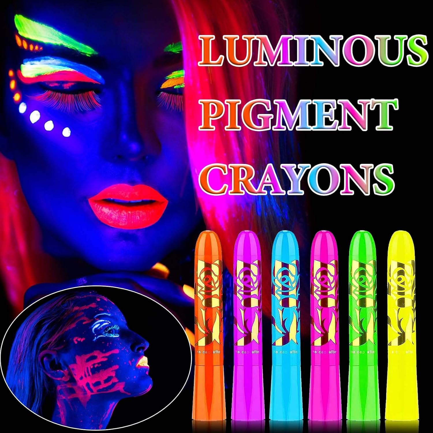 Glow in the Dark Face Paint Crayons, 6 Colours UV & Black Light Body Painting Kit, Non-Toxic Makeup for Halloween, Festivals, Easter, Masquerades, Party Supplies image number 3