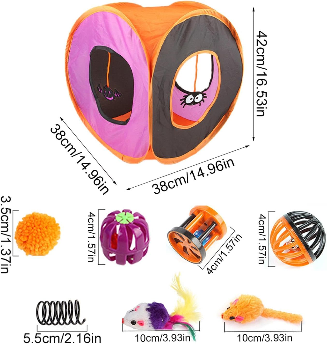 Interactive Cat Toys | Cute Cat Tunnel Toy - Halloween Cat Feather Wand Ball Spring Mice Toys, Folding Square Channel Kitten Starter Kit for Pets image number 3