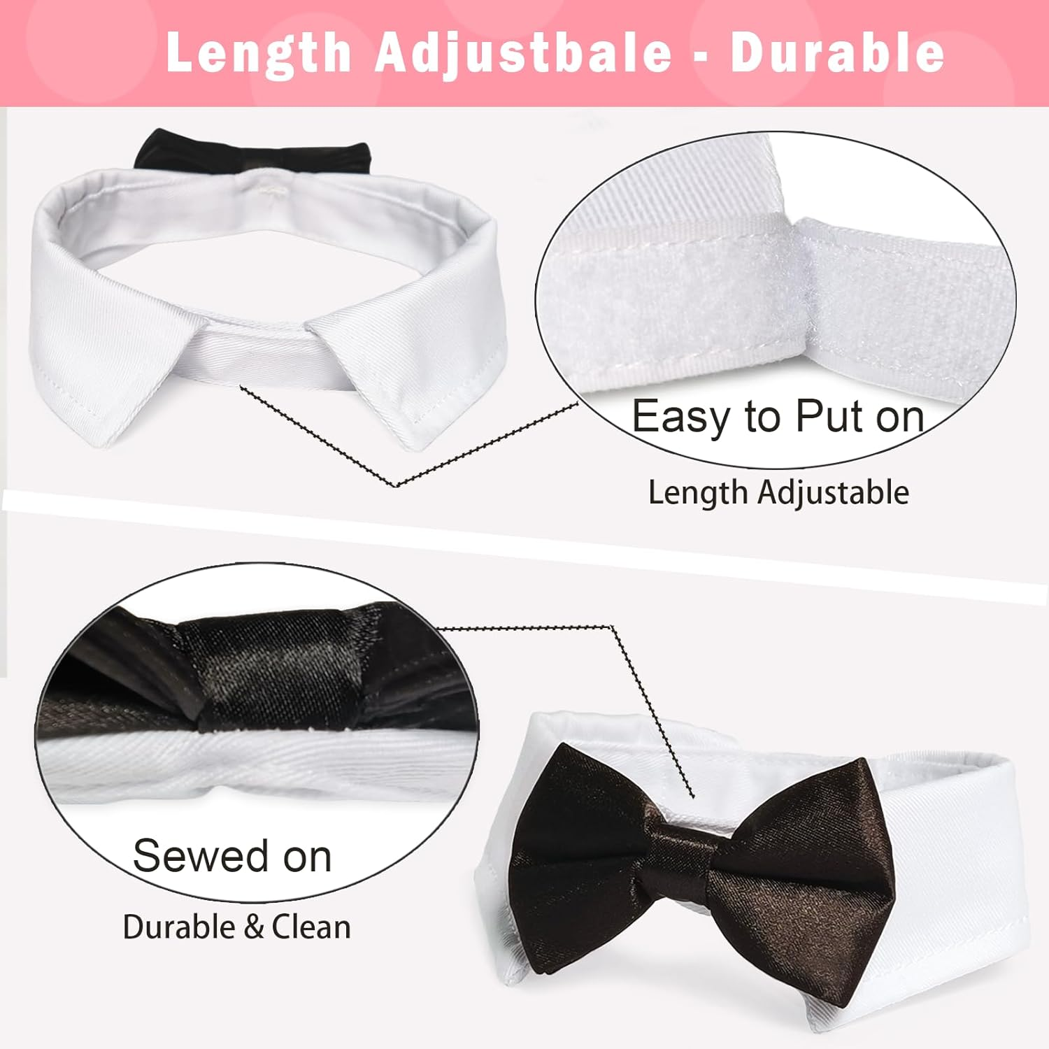 Dog Bowtie, KOOLMOX Tux Dog Collar for Weddings with Handcrafted Adjustable White Collar and Black Tie, Classic Neck Tie for Small to Medium Dogs Cats Puppies Valentine'S Costumes image number 5