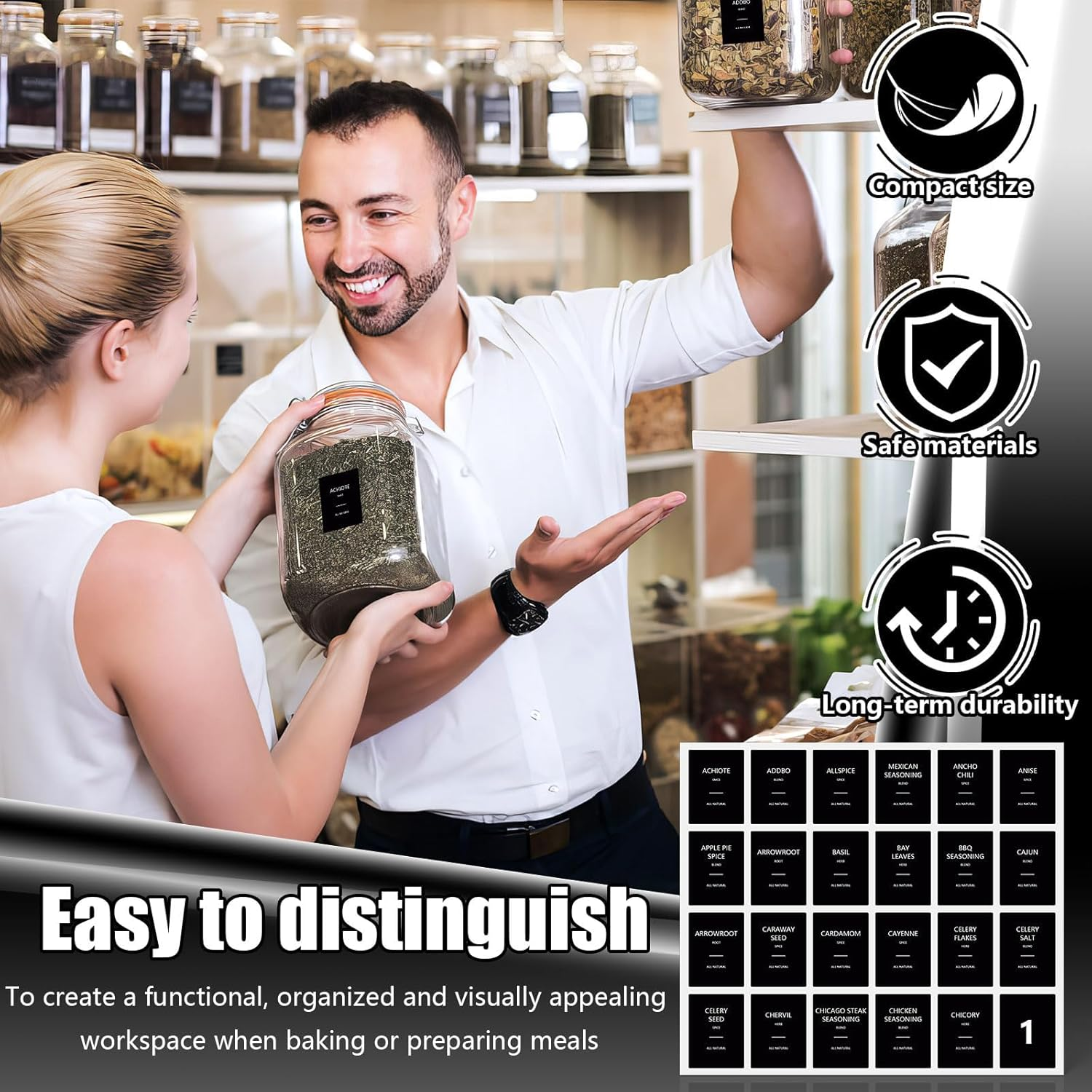 Spice Jar Labels, 192 Pcs Kitchen Jar Stickers, Seasoning Labels for round or Rectangular Jars 36 * 50Mm (Black)