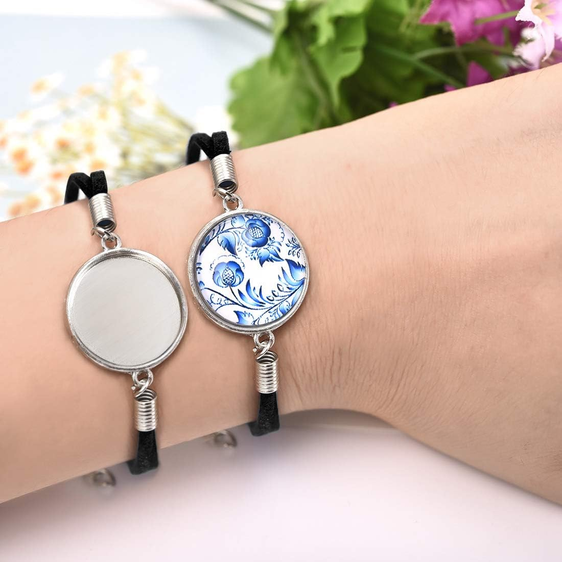 DROLE 40Pcs Black Leather Cabochon Bracelet Blanks-20Pcs 20Mm Cabochon Bezel Tray Blank Bracelets with 20Mm Cabochon Black Bracelet Chain for Jewelry Making Silver Base image number 2
