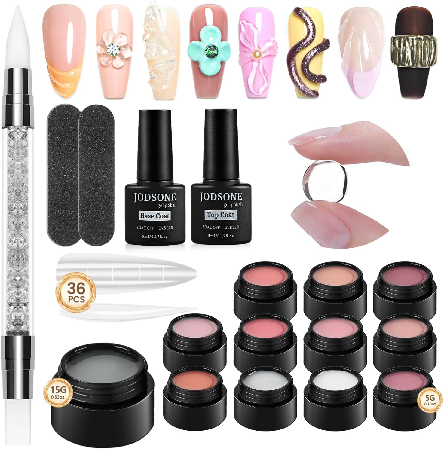 JODSONE Solid Builder Gel for Nails,12 Bottles of 5G 3D Nail Gel Hard Gel Non-Sticky Sculpting 3D Sculpting Non-Sticky Hand Carving U V/LED Extension with 36 PCS Lengthens Auxiliary Nails image number 3