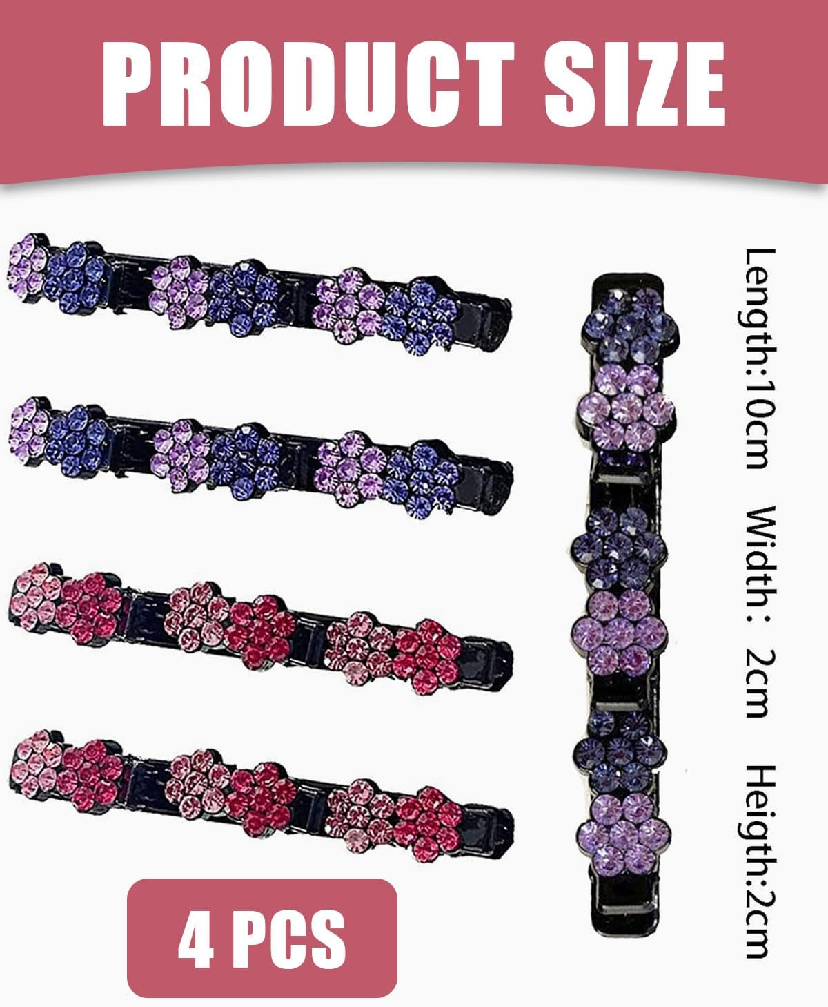 KGDUYC 4Pcs Braided Hair Clips with Crystal Stones, Hair Clip with Crystal Flower, Braided Duck Beak Clip, Braided Hair Clips, Hair Accessories for Women image number 3