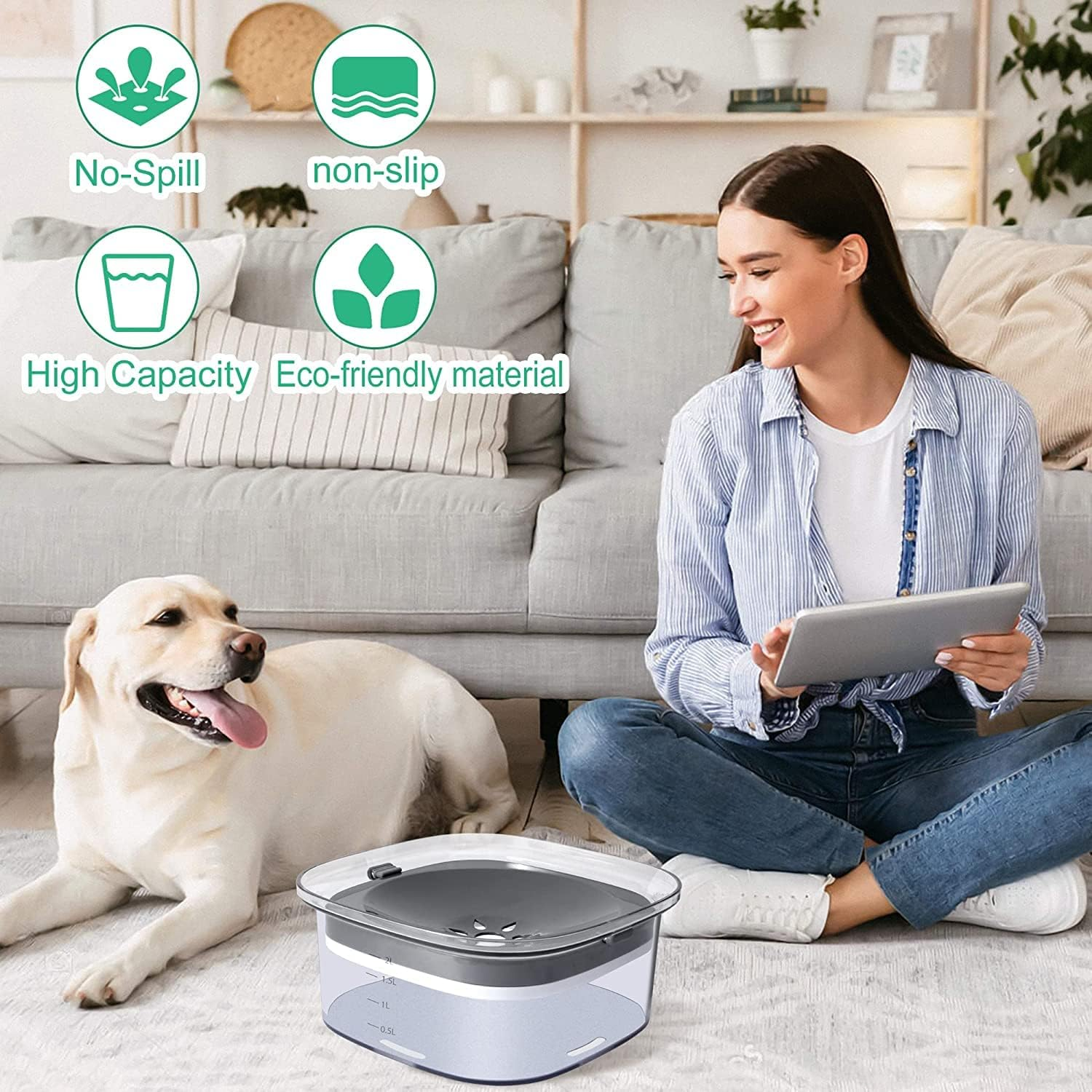 Dog Water Bowl 2L No Spill Dog Bowl Large Capacity Slow Water Feeder, Spill Proof Dog Bowl Transparent Pet Water Dispenser Vehicle Carried Travel Slow Drinking Water Bowl for Dogs, Cats image number 2