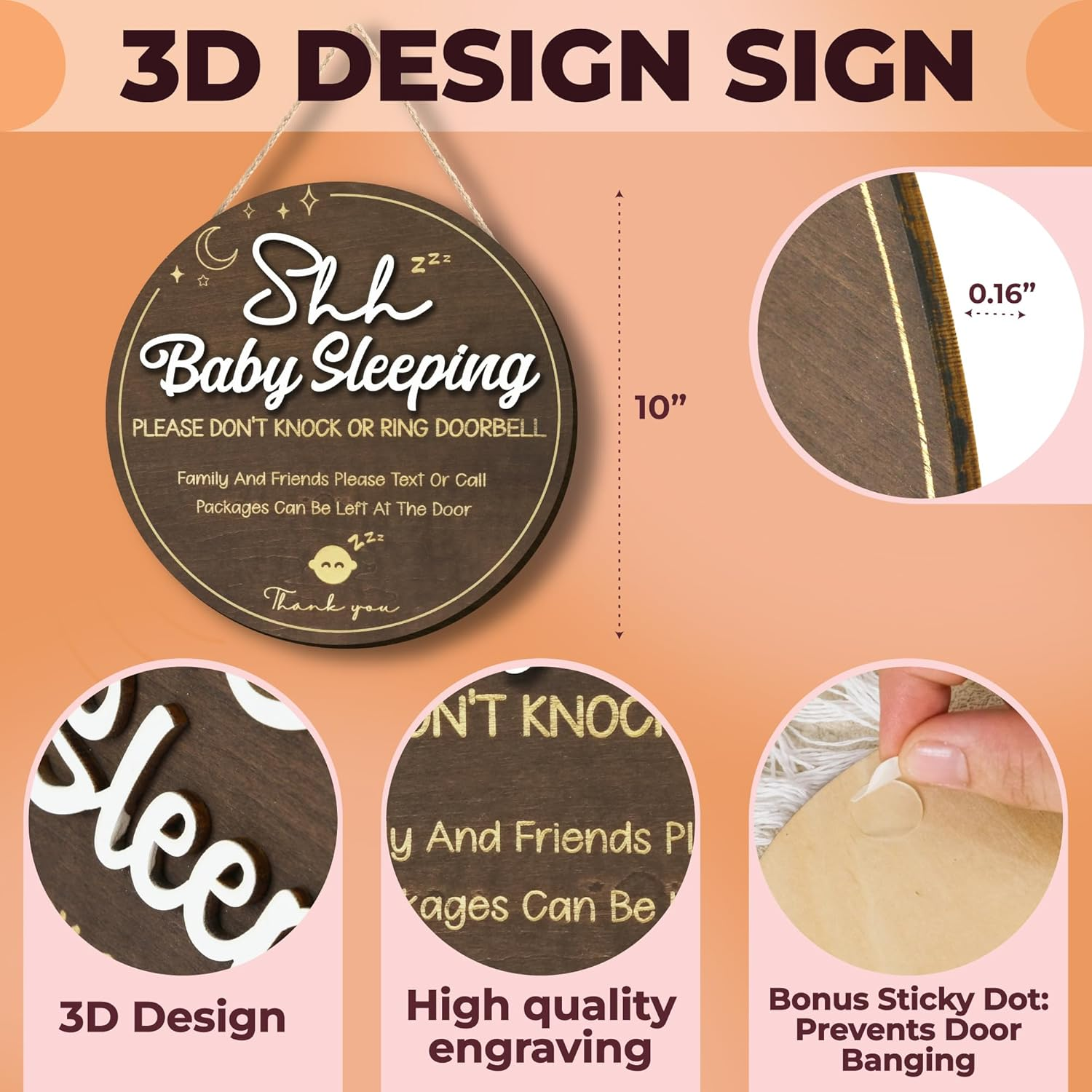Shhh Baby Sleeping Sign for Front Door - Please Do Not Knock or Ring Doorbell Sign, Baby Sleeping Door Sign, No Knocking Door Sign, No Soliciting Do Not Knock Sign image number 3