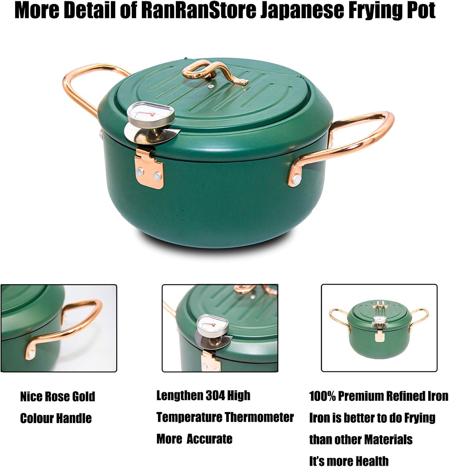 Cyrder Japanese Tempura Deep Fryer Pot with Fahrenheit Thermometer 3.5L- Nonstick Carbon Steel Oil Fryer, Fried Tempura/Chicken/Fish/Shrimp, Easy Clean, Green Big Tempura Pan, 10.2Inch image number 2