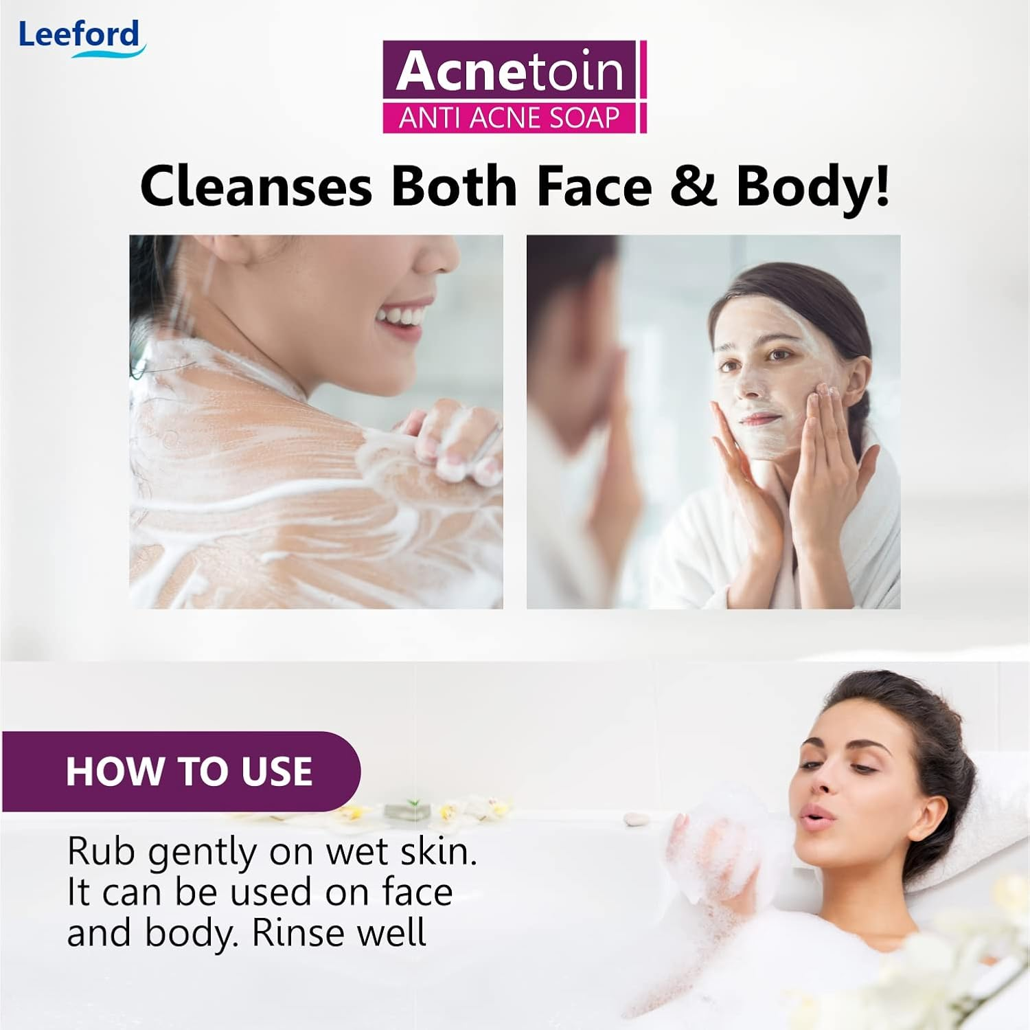 Leeford Women'S Acnetoin anti Acne Bathing Soap Bar Combo Pack - Enriched with Tea Tree Oil & Vitamin E | (75G Each Each) (Pack of 4) image number 5