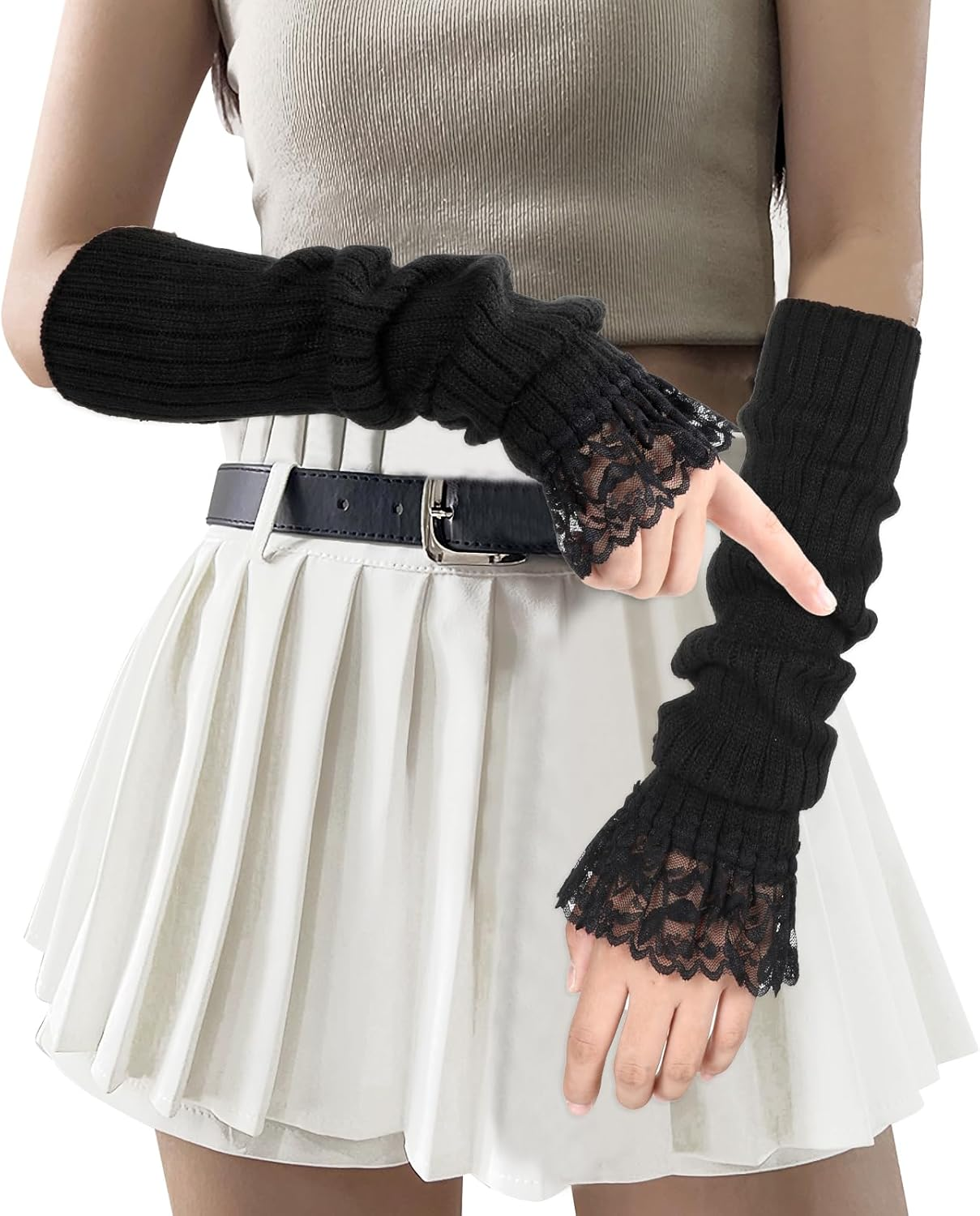 Arm Warmers for Long Sleeve Fingerless, Y2K Cool Girls Arm Covers, White Cute Harajuku Knitted Lace Arm Sleeve