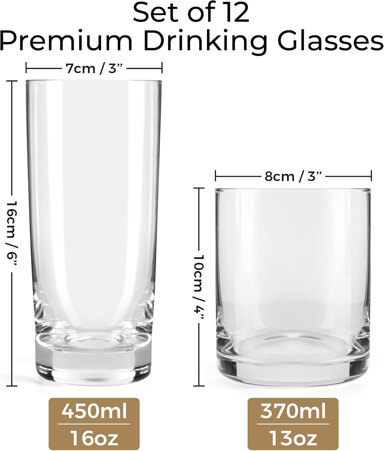MIAMIO - Drinking Glasses Set of 12/6 X Small 370 Ml and 6X Big 450 Ml Glass Cups for Water, Cocktails, Tea and Beer - Dishwasher Safe image number 5