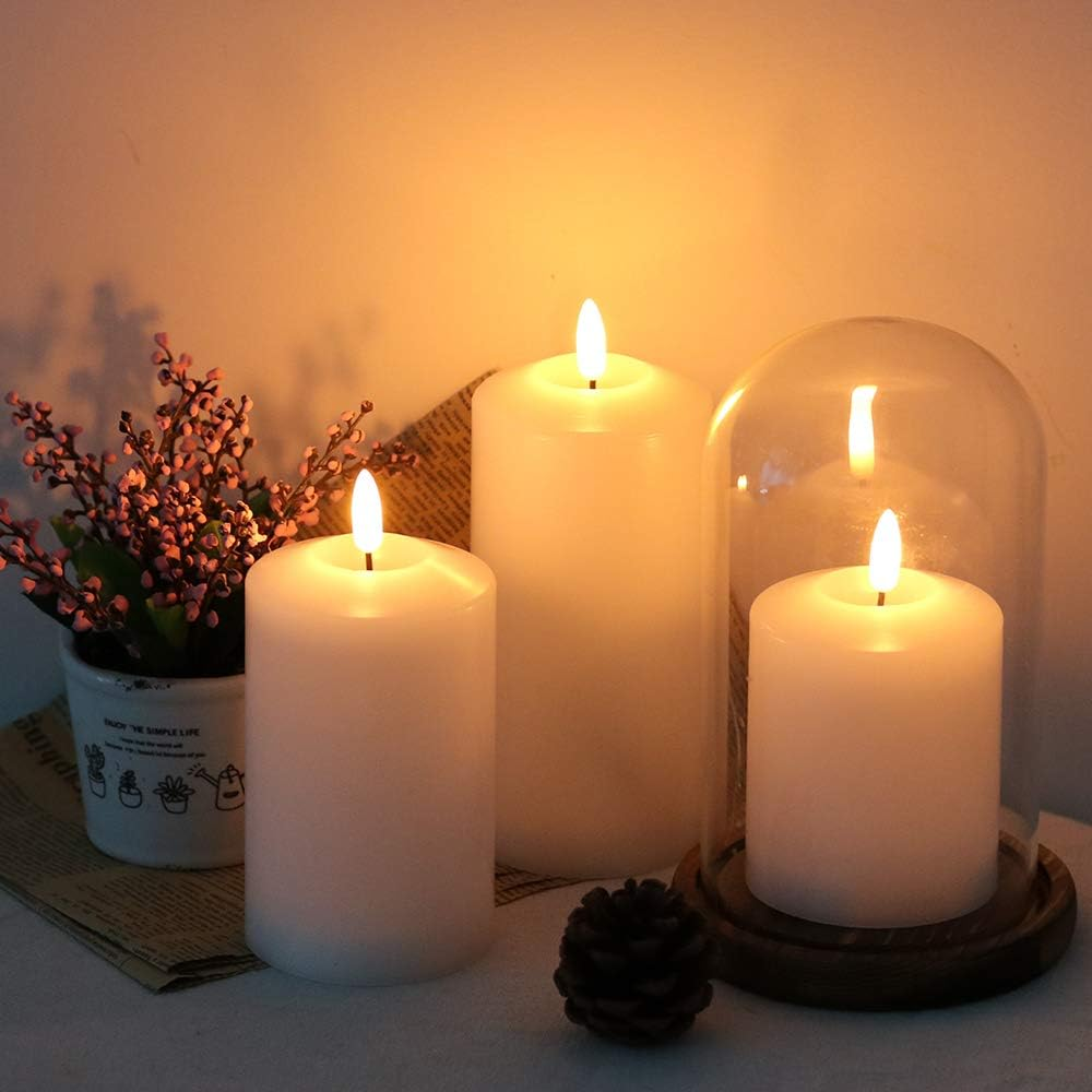 Genswin 3D Wick Flameless Flickering Candles Battery Operated with Remote Timer, Real Wax Pillar LED Votive Candles Warm Light, Set of 3 Party/Wedding/Home Decor(White, D3&rdquo; X H4.6&rdquo; 5.8&rdquo; 6.8&rdquo;) image number 5