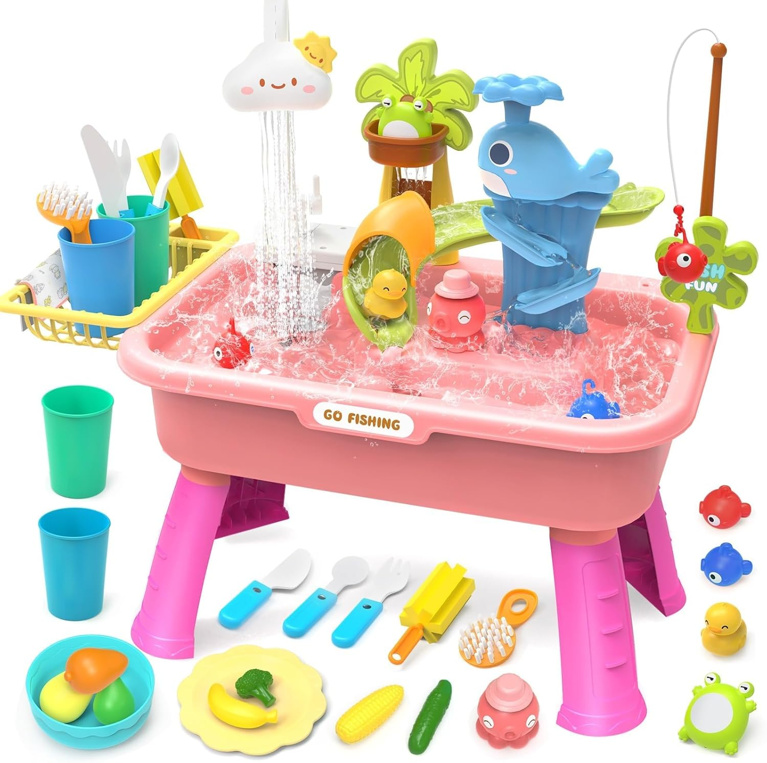 21" H Play Sink with Running Water, 4-In-1 Kids Kitchen Sink Toy with Electric Faucet, Mini Water Table with Detachable Legs, Fishing Game, Pretend Play Dishwasher Gift Set for Boys & Girls(Pink) image number 5