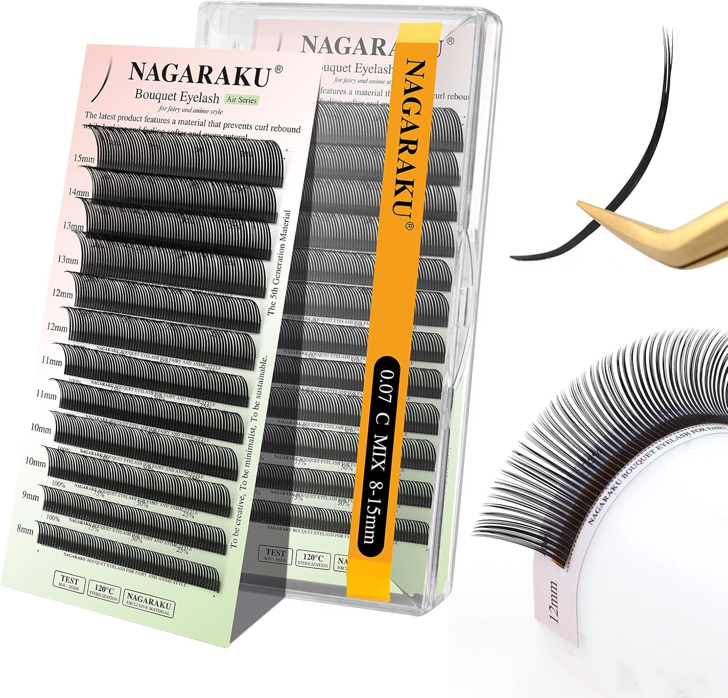 NAGARAKU Bouquet Eyelashes Extensions Air Series Premade Volume Spike Lashes 0.07Mm C Curl 8Mm-15Mm Mix Length Roots with Light Glue Fan/Wet Set/Anime/Manga Styles Lashes image number 4