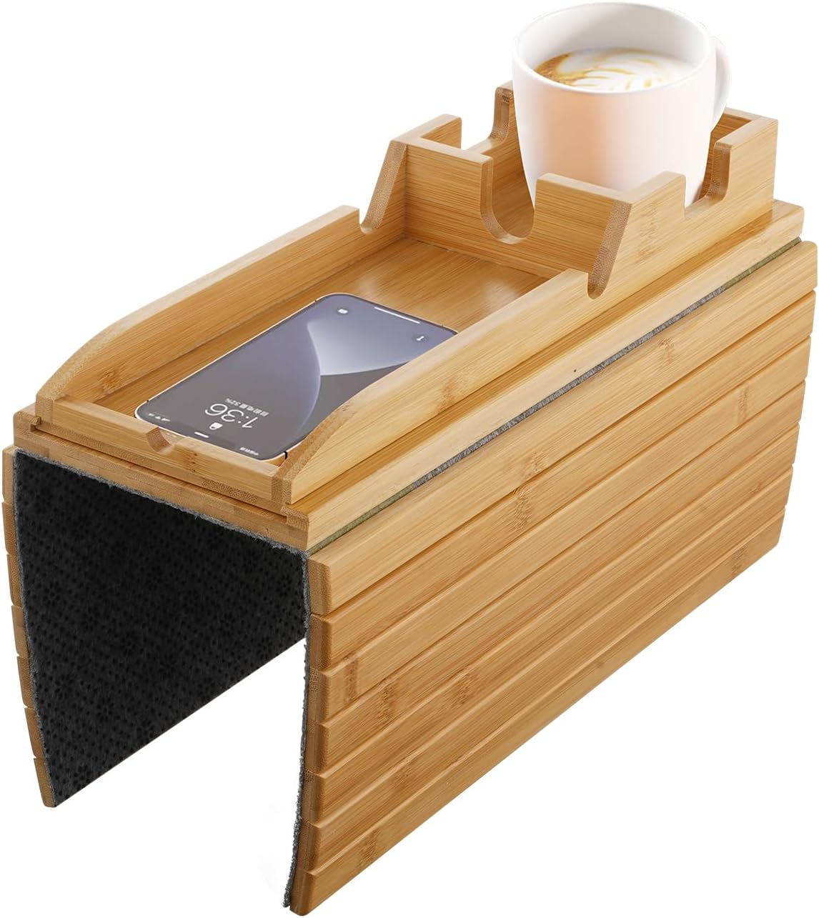ACA Trading Couch Cup Holder Tray, Modern Sofa Armrest Tray Table with Non-Slip Pad, Wooden Bamboo Arm Table for Drinks and Food with Side-Away Tray(Natural)
