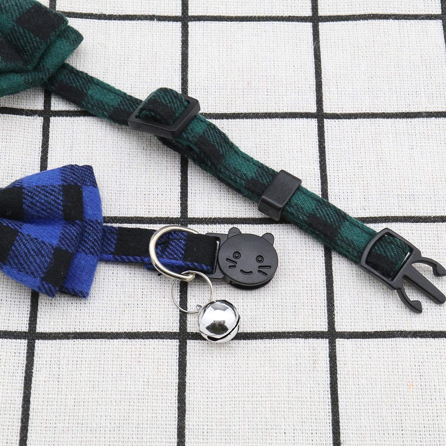 SING F LTD 2PCS Dog Collars with Bell and Bow Tie Cute Plaid Collars with Soft Comfortable Bowknot and Adjustable Buckle for Dogs Cats Pets Blue Green M Size image number 1