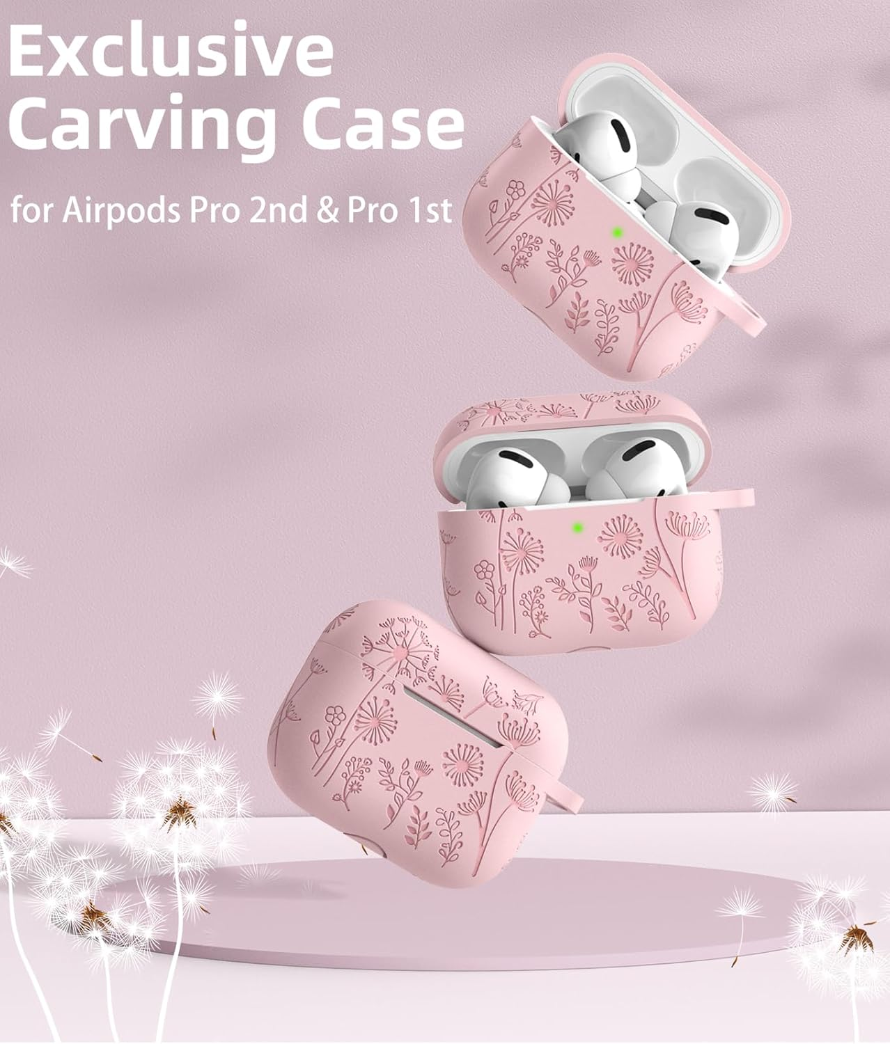 Flower Engraved Case Compatible with Airpods Pro 2 Case Cover & Airpod Pro Case Cover, Cute Soft Silicone Full Protection, for Apple Airpods Pro 2Nd 1St Generation Case Front LED Visible, Pink image number 3
