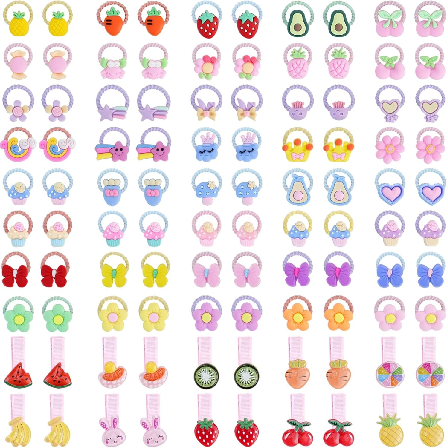 100Pcs Cute Baby Hair Ties, 80Pcs Elastic Hair Ties and 20Pcs Colorful Cute Hair Clips, Cartoon Animal Fruit Hair Accessories for Baby Girls Teens Toddlers, Infants, Teenagers and Children (Pink)