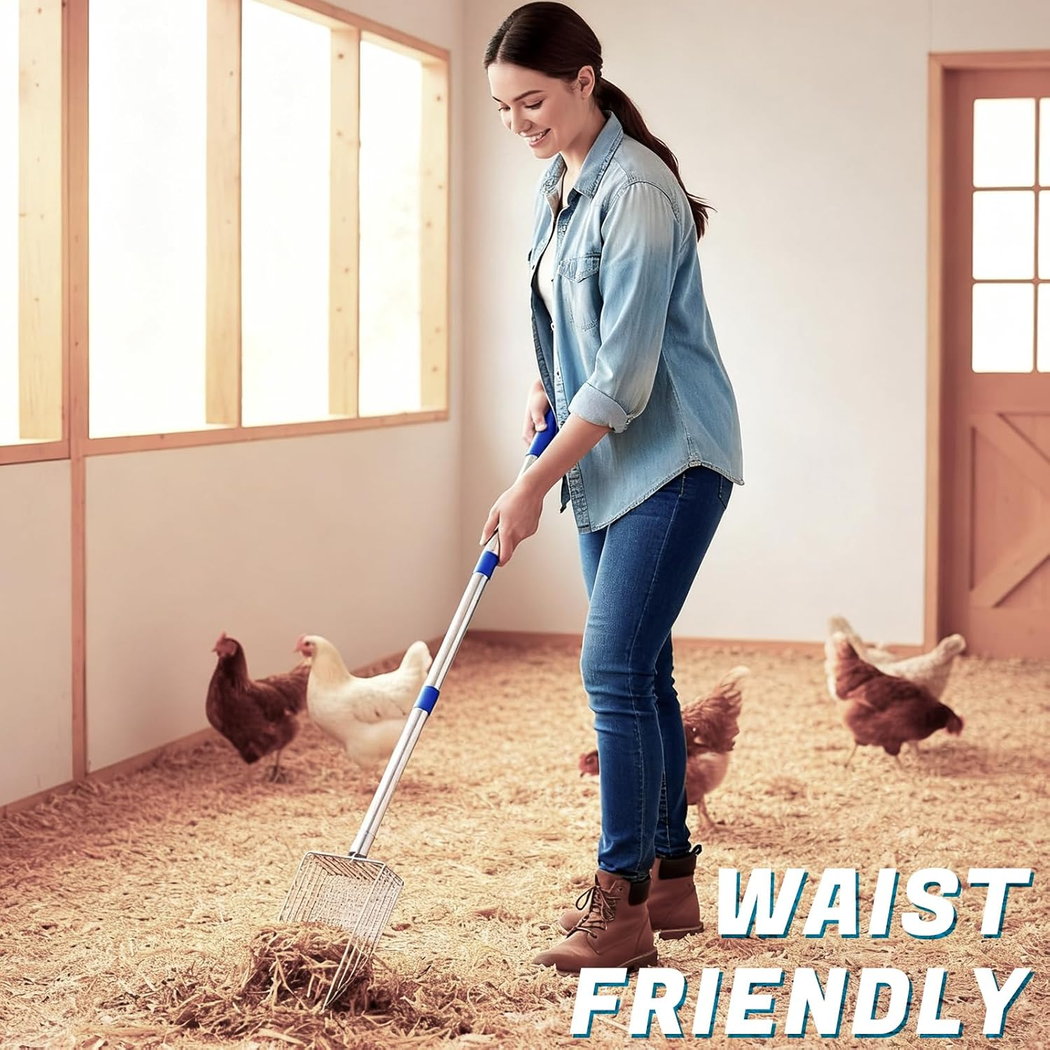 Stainless Steel Chicken Poop Scooper with 4-In-1 Adjustable Handle (20" to 49") &ndash; 304 Stainless Steel Shovel Head for Chicken Coop Cleaning, Pet Waste Removal, and Multifunctional Litter Sifting image number 3