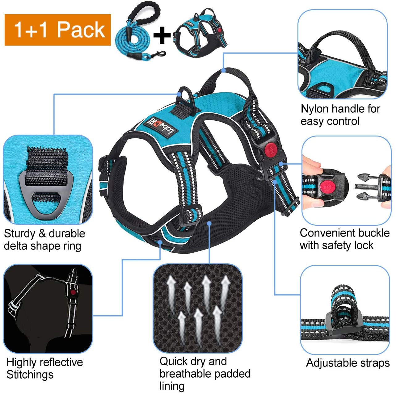 No Pull Dog Harness Adjustable Reflective Oxford Easy Control Medium Large Dog Harness with a Free Heavy Duty 5Ft Dog Leash (L (Neck: 18"-25.5", Chest: 24.5"-33"), Blue Harness+Leash) image number 6
