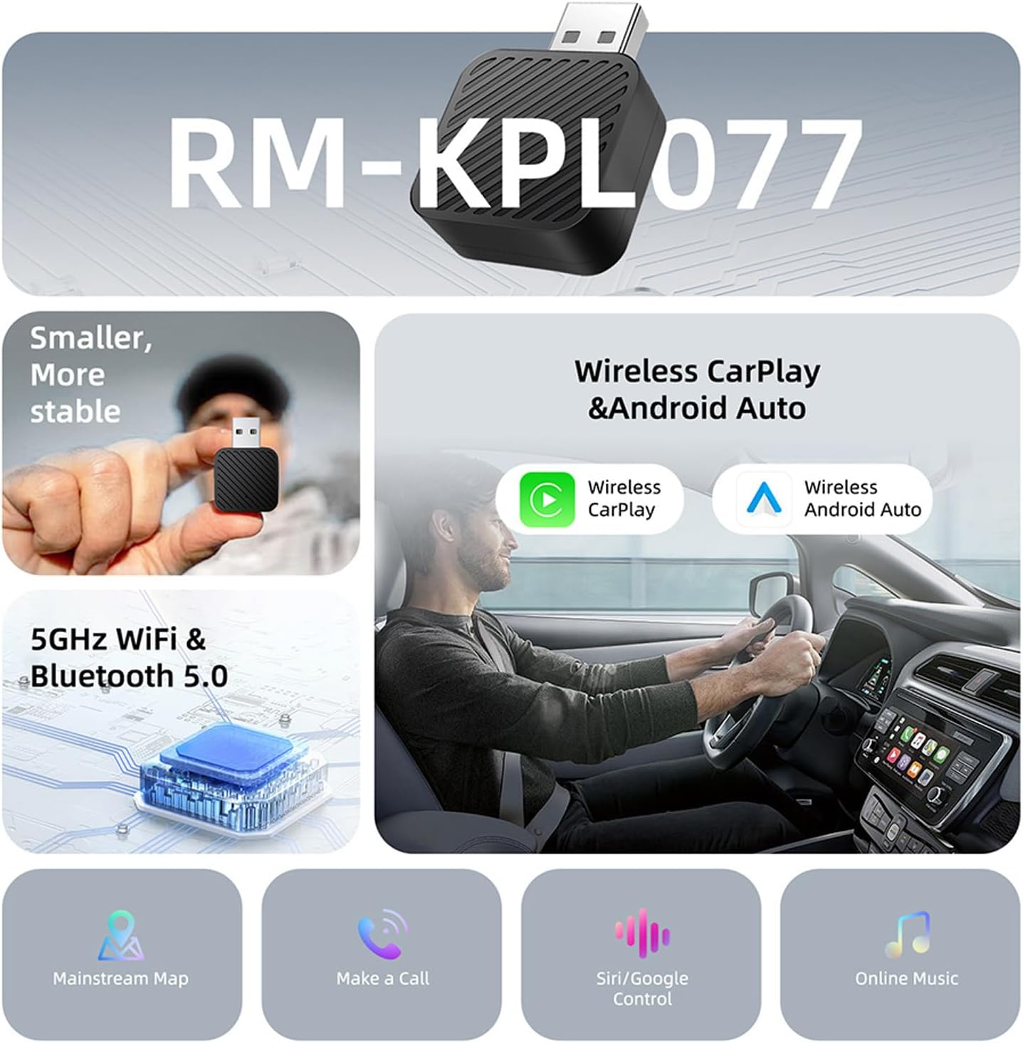 Mini Wireless Carplay Adapter,Android Auto,Plug & Play for Apple Carplay Wireless Adapter,Cordless Apple Play, and Android Auto USB-A/C Support,For Iphone,Android image number 5