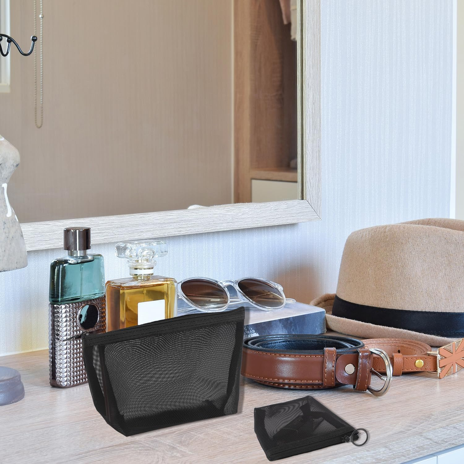 Boao 3 Piece Mesh Cosmetic Bag Mesh Makeup Bag with Zipper Pouch Travel Toiletry for Makeup Organizer Home Office Travel Accessories, Black, 3 Count (Pack of 1), Minimalist