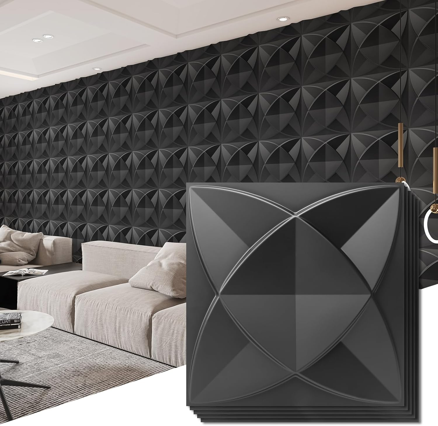 Art3D 33-Pack 3D Wall Panels for Interior Wall Decor, Modern Diamond Textured Accent Wall Paneling for Gaming Living Room TV Wall Background - 30 X 30 CM, Black