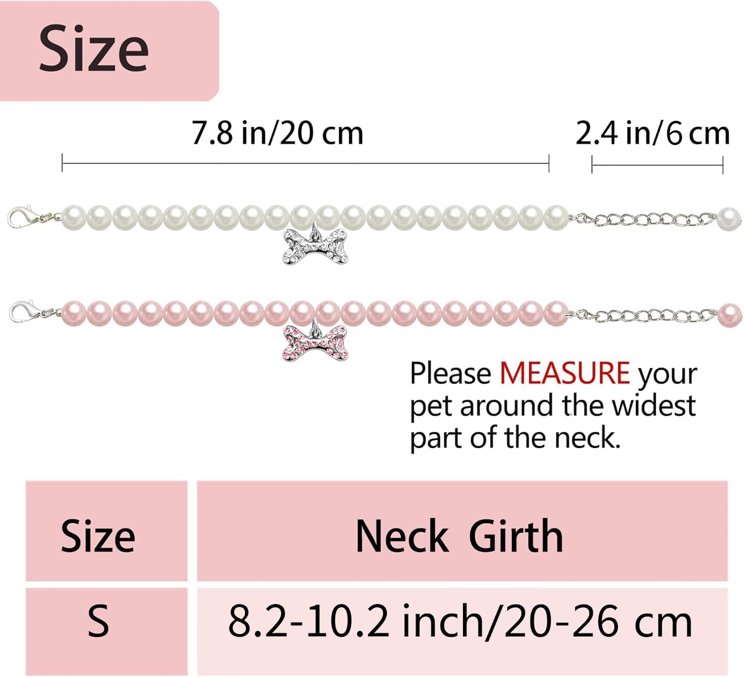 2 Pcs Dog Cat Pearl Collar Necklace with Rhinestone Bone, Fancy Cat Wedding Collar Jewelry for Girl Cat Puppy Dogs Accessories(Pink+White) image number 2