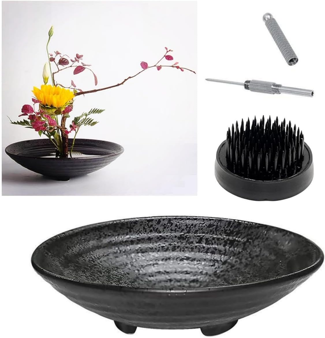 Japanese Ikebana Kit Floral Frog Flower Container with Kenzan Needle Straightening Tool - 1.57Inch Black Flower Frog, 6.7Inch Bowl Vase image number 3