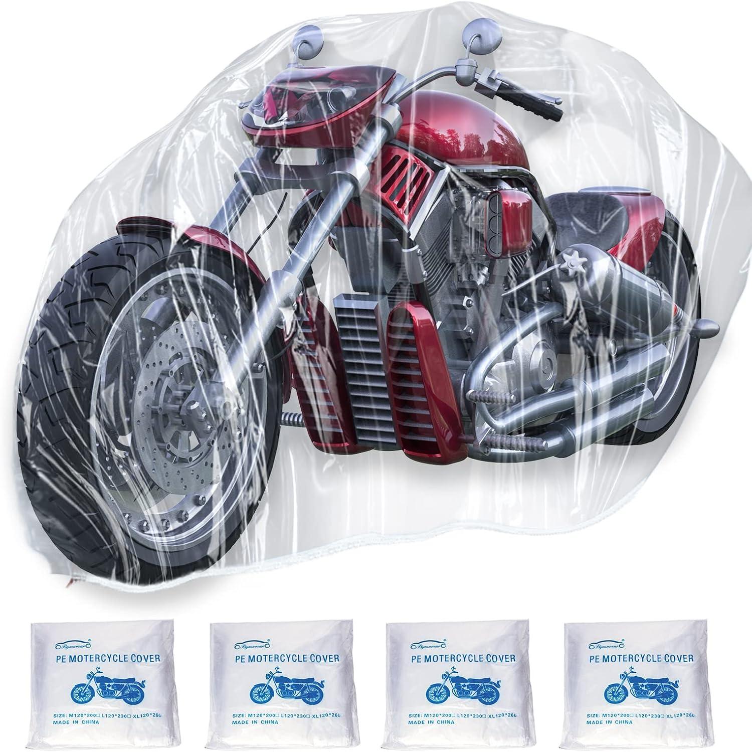 4 Pcs Motorcycle Cover,Disposable Clear Plastic Moped Cover Medium （XXL ） Waterproof Protection Dust Outdoor Rain Cover for Harley,Davidson,Yamaha,Suzuki,Honda, Kawasaki, ( Indoor Universal) image number 5